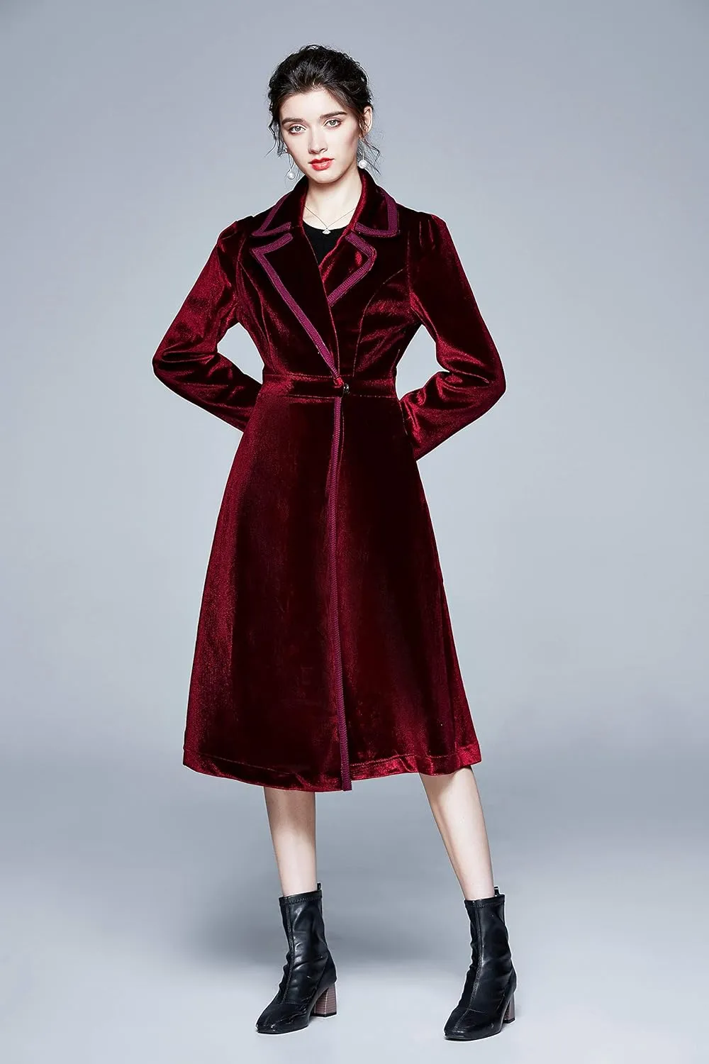 LAI MENG FIVE CATS Women's Elegant Notched Lapel Velvet Maxi-Length Trench Coat with Pocket