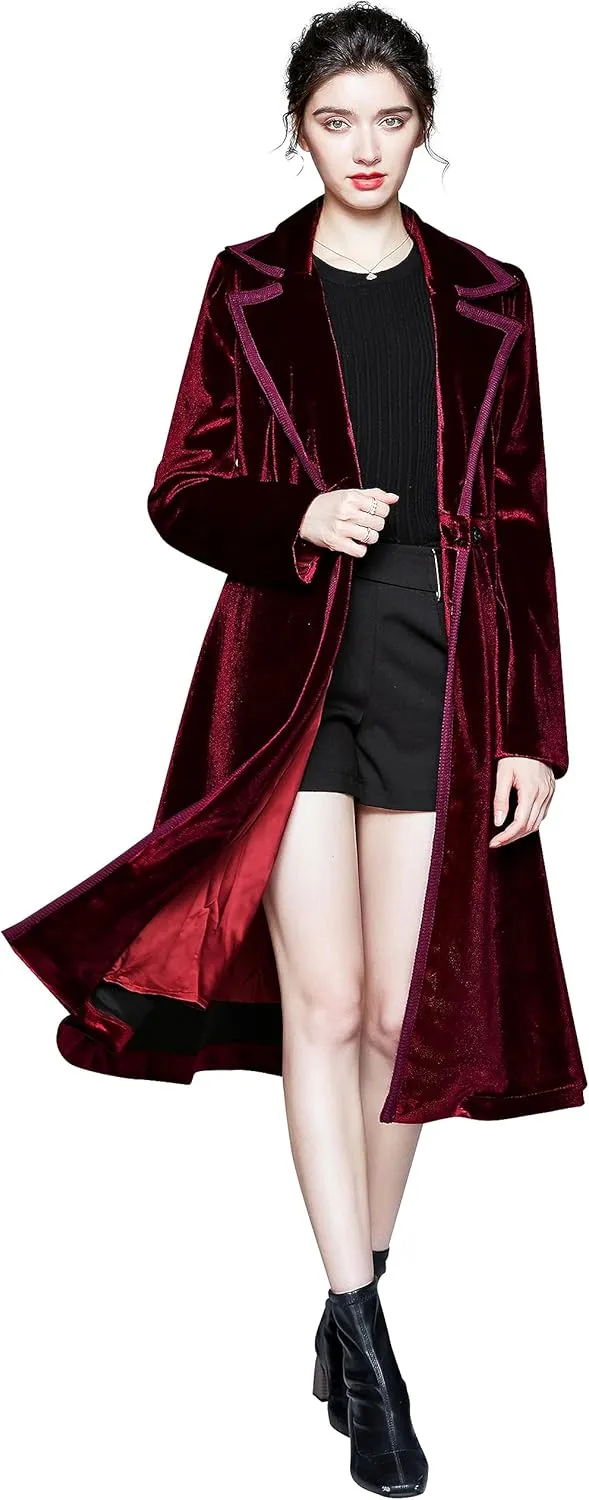 LAI MENG FIVE CATS Women's Elegant Notched Lapel Velvet Maxi-Length Trench Coat with Pocket