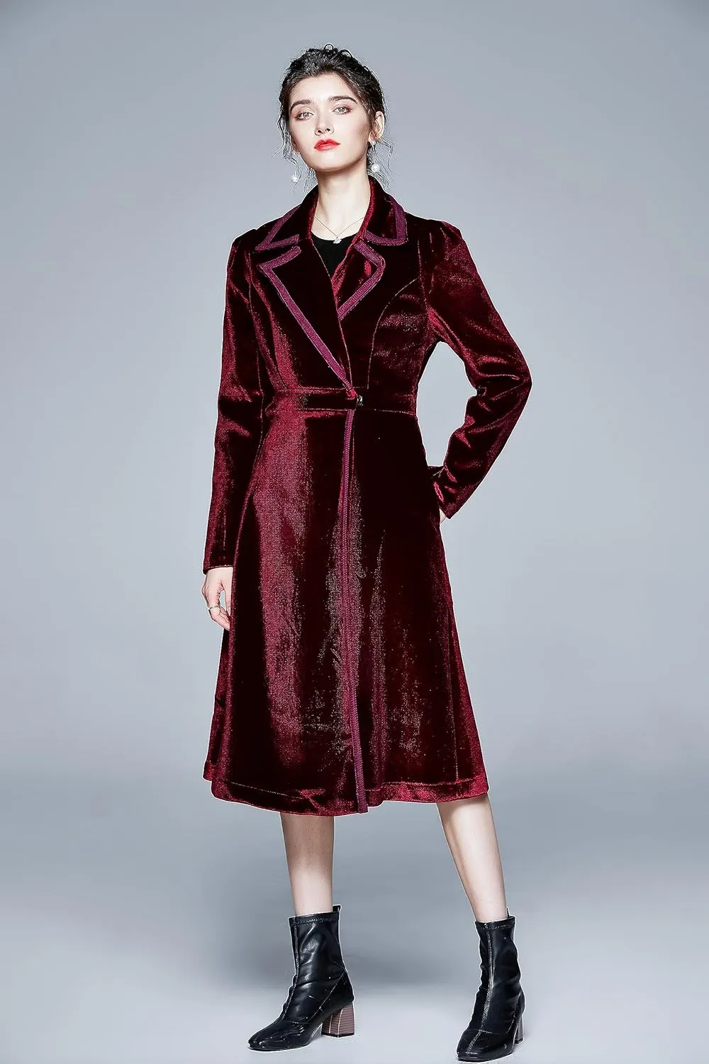 LAI MENG FIVE CATS Women's Elegant Notched Lapel Velvet Maxi-Length Trench Coat with Pocket