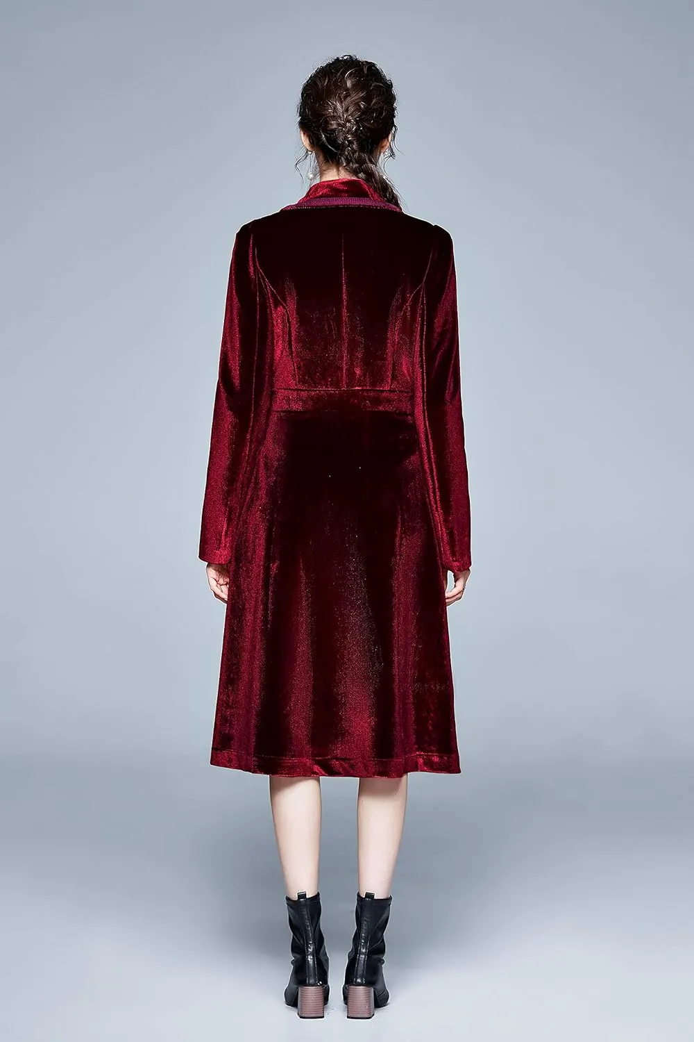 LAI MENG FIVE CATS Women's Elegant Notched Lapel Velvet Maxi-Length Trench Coat with Pocket