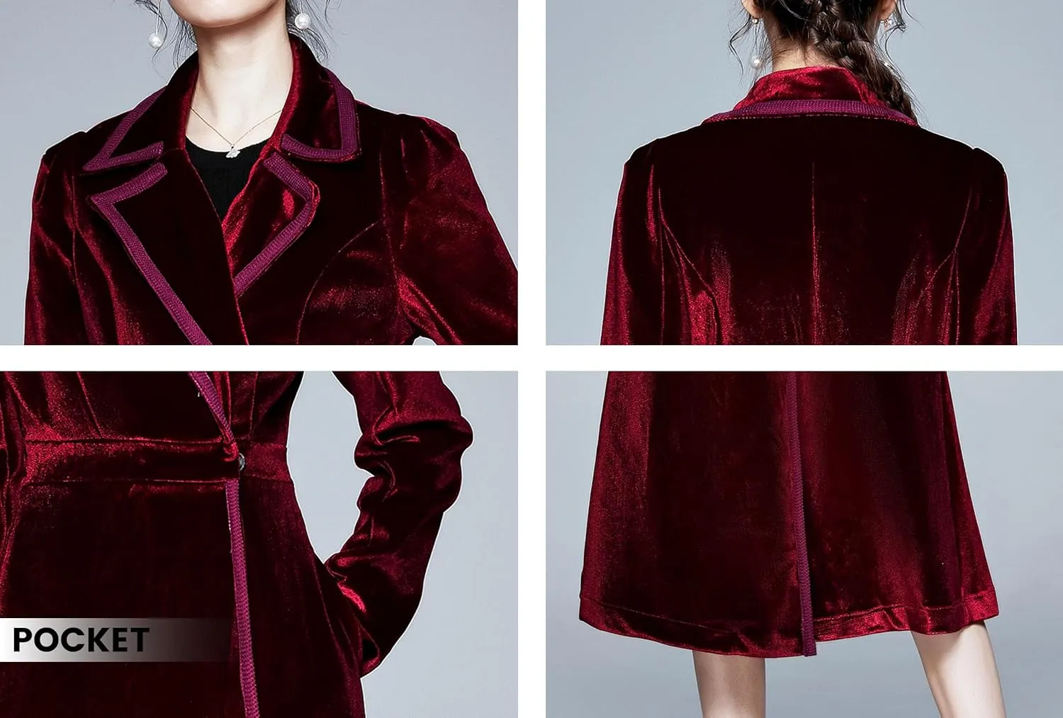 LAI MENG FIVE CATS Women's Elegant Notched Lapel Velvet Maxi-Length Trench Coat with Pocket