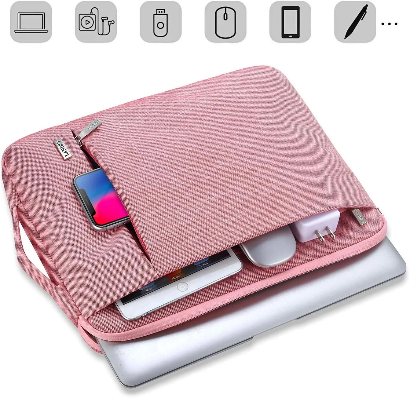 LANDICI 360° Protective Laptop Sleeve 13-14 Inch, Computer Bag Carrying Case for MacBook Air 13 M1/M2, MacBook Pro 13/14, Chromebook 14, Women, Slim, Shockproof, Waterproof, Pink