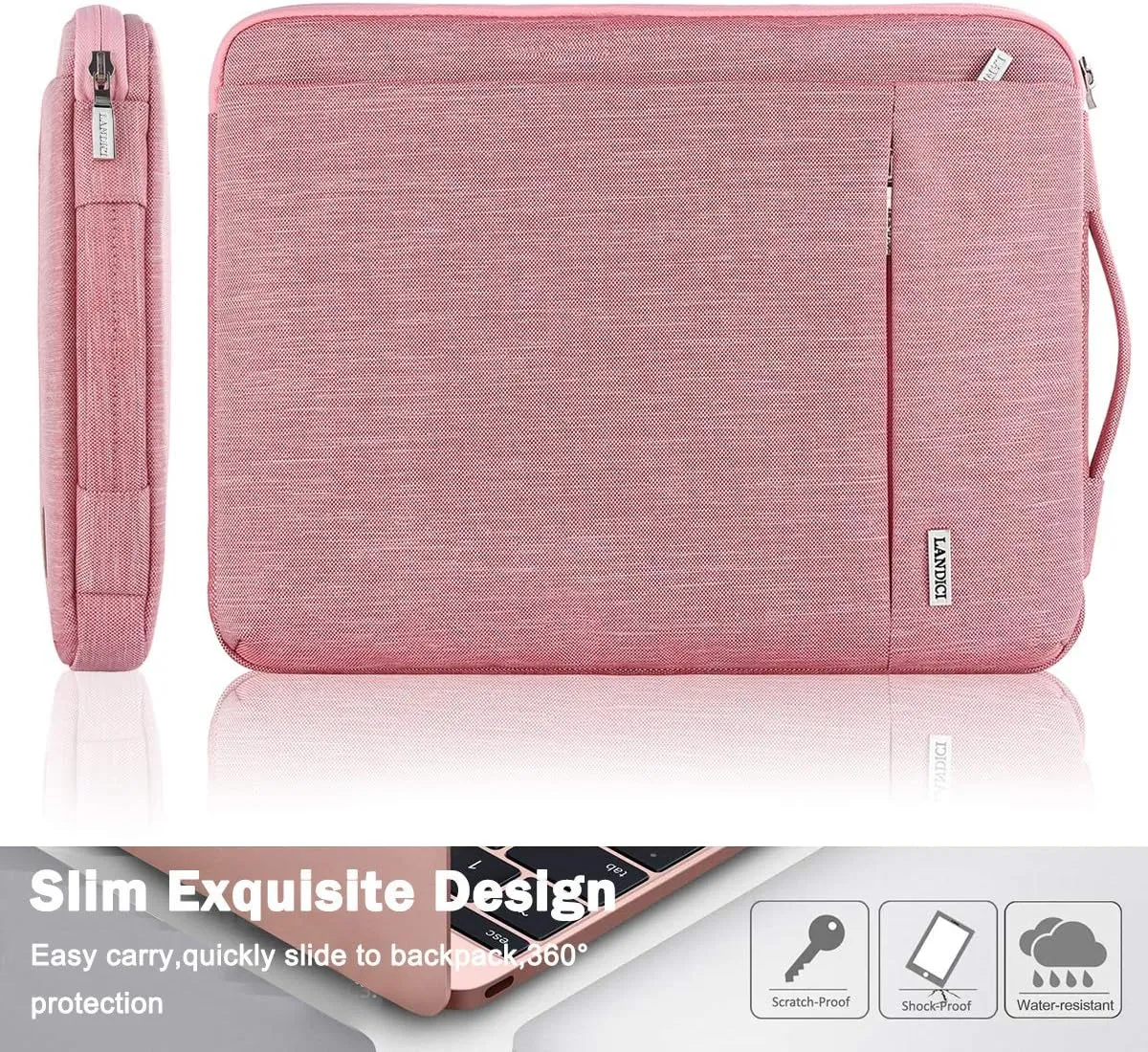 LANDICI 360° Protective Laptop Sleeve 13-14 Inch, Computer Bag Carrying Case for MacBook Air 13 M1/M2, MacBook Pro 13/14, Chromebook 14, Women, Slim, Shockproof, Waterproof, Pink