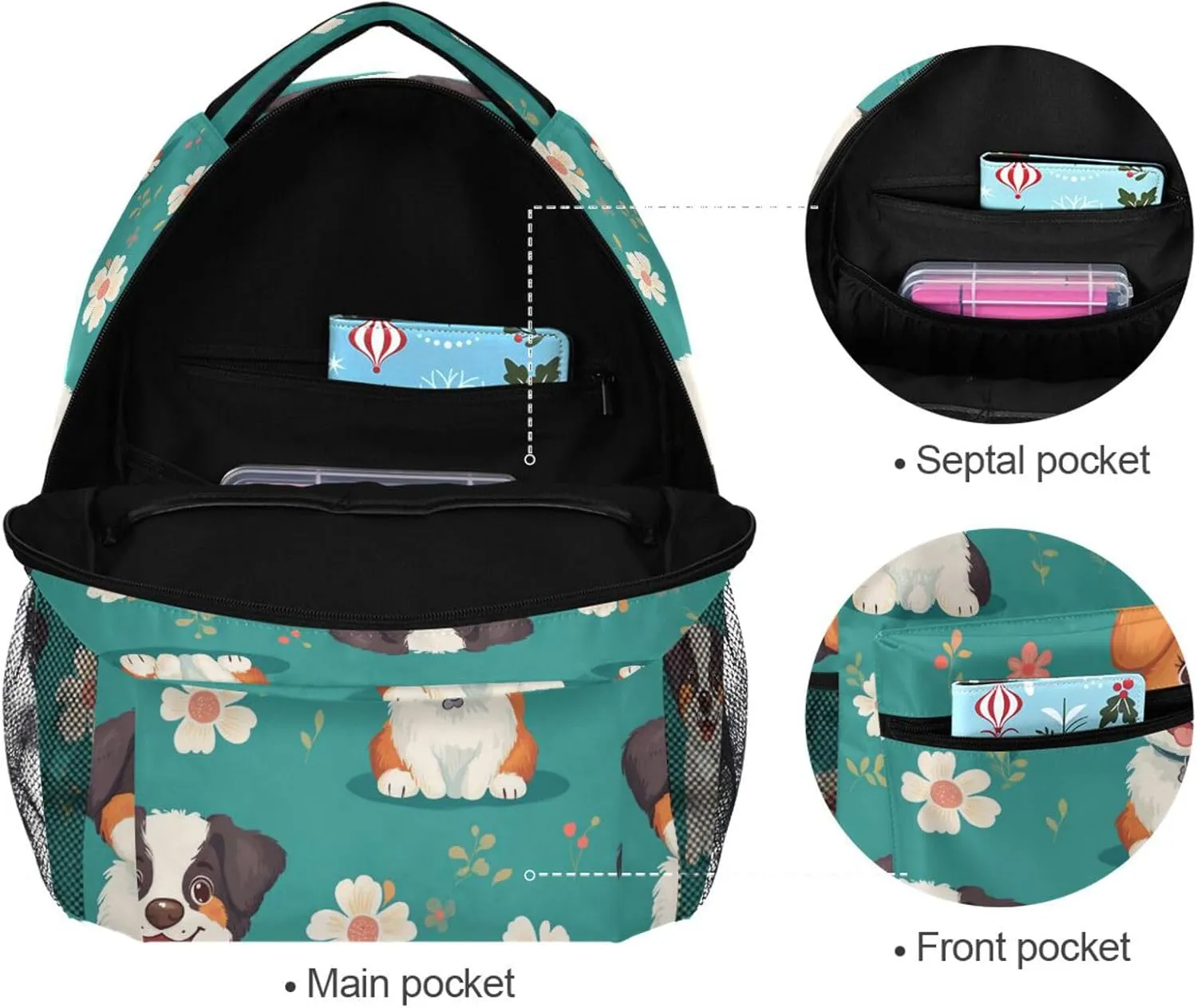 Laptop Backpack for Teenager Fashion Sports Backpack with Chest Strap for Travel Trip Cartoon Cute Dog Turquoise
