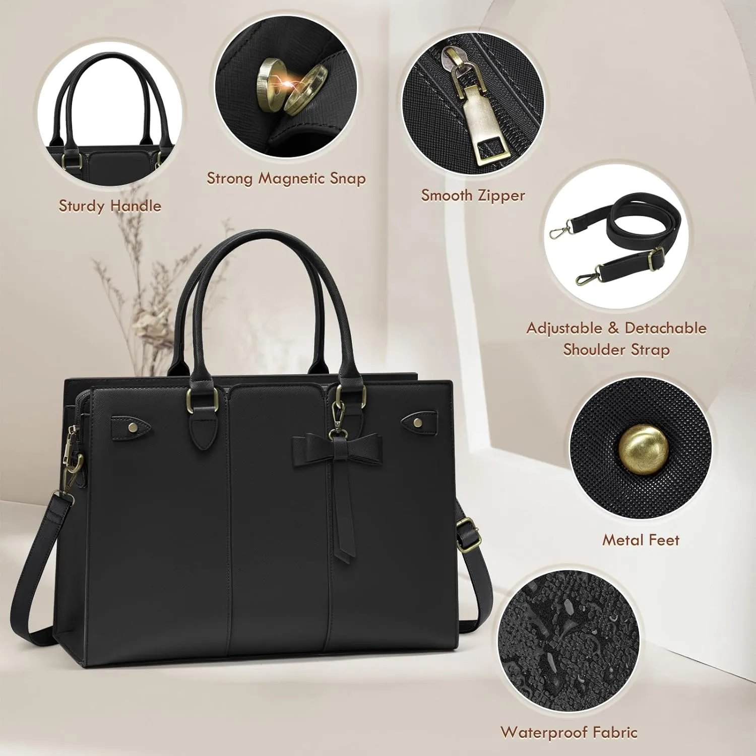 Laptop Bag for Women 15.6 Inch Laptop Tote Bag Waterproof Pu Leather Work Bag Computer Briefcase Office Teacher Handbag