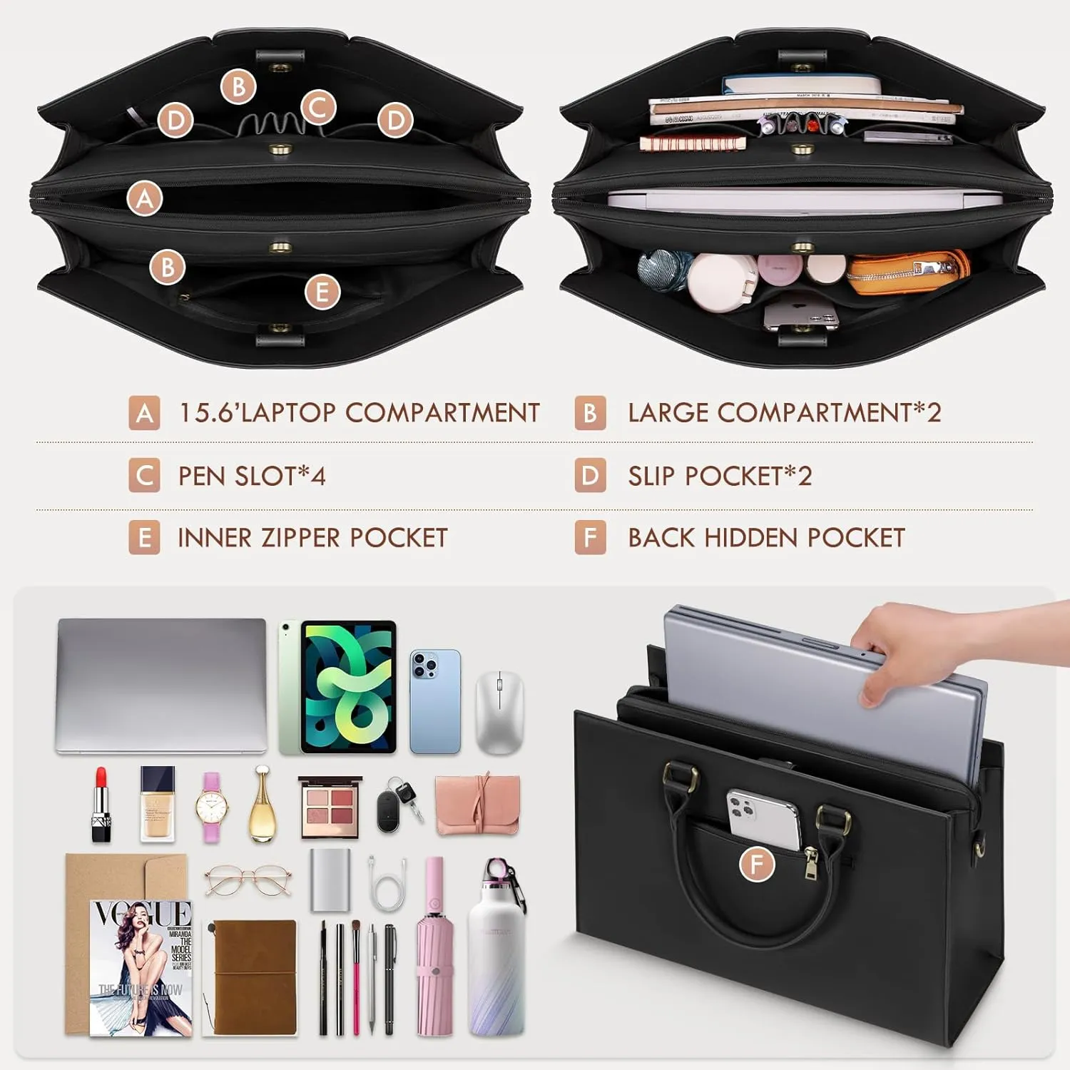 Laptop Bag for Women 15.6 Inch Laptop Tote Bag Waterproof Pu Leather Work Bag Computer Briefcase Office Teacher Handbag