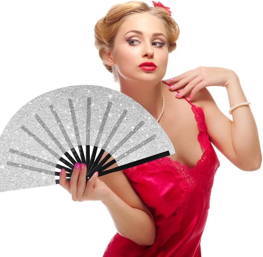 Large Folding Hand Fan Glitter Large Rave Hand Fan, Folding Shiny Hand Fan Clack Handheld Fan Women Handheld Fan with Bag for Festival, Disco Party, Club, Dance, EDM, Home Decoration(Silver)