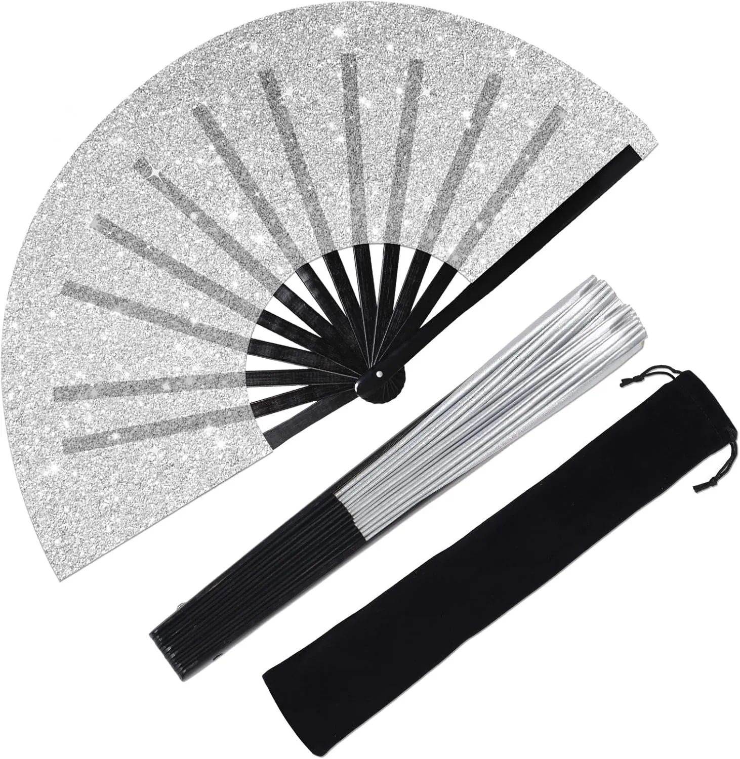 Large Folding Hand Fan Glitter Large Rave Hand Fan, Folding Shiny Hand Fan Clack Handheld Fan Women Handheld Fan with Bag for Festival, Disco Party, Club, Dance, EDM, Home Decoration(Silver)