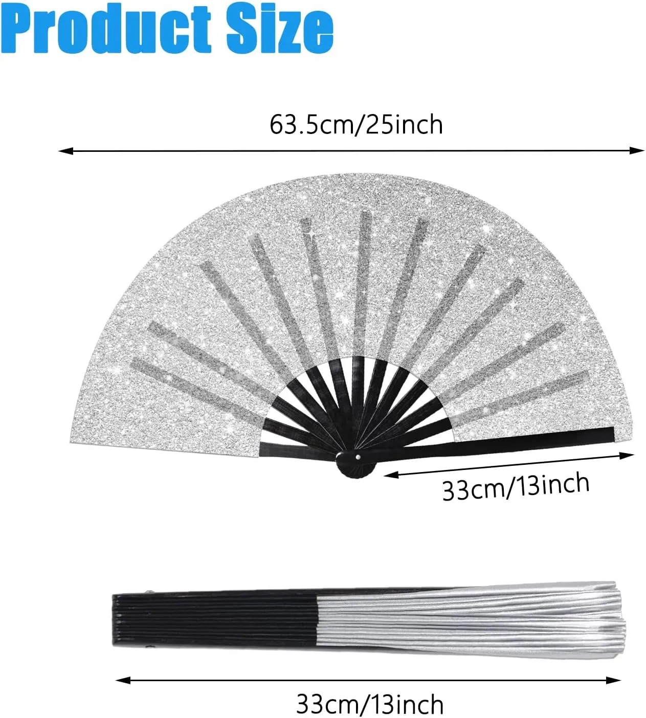 Large Folding Hand Fan Glitter Large Rave Hand Fan, Folding Shiny Hand Fan Clack Handheld Fan Women Handheld Fan with Bag for Festival, Disco Party, Club, Dance, EDM, Home Decoration(Silver)