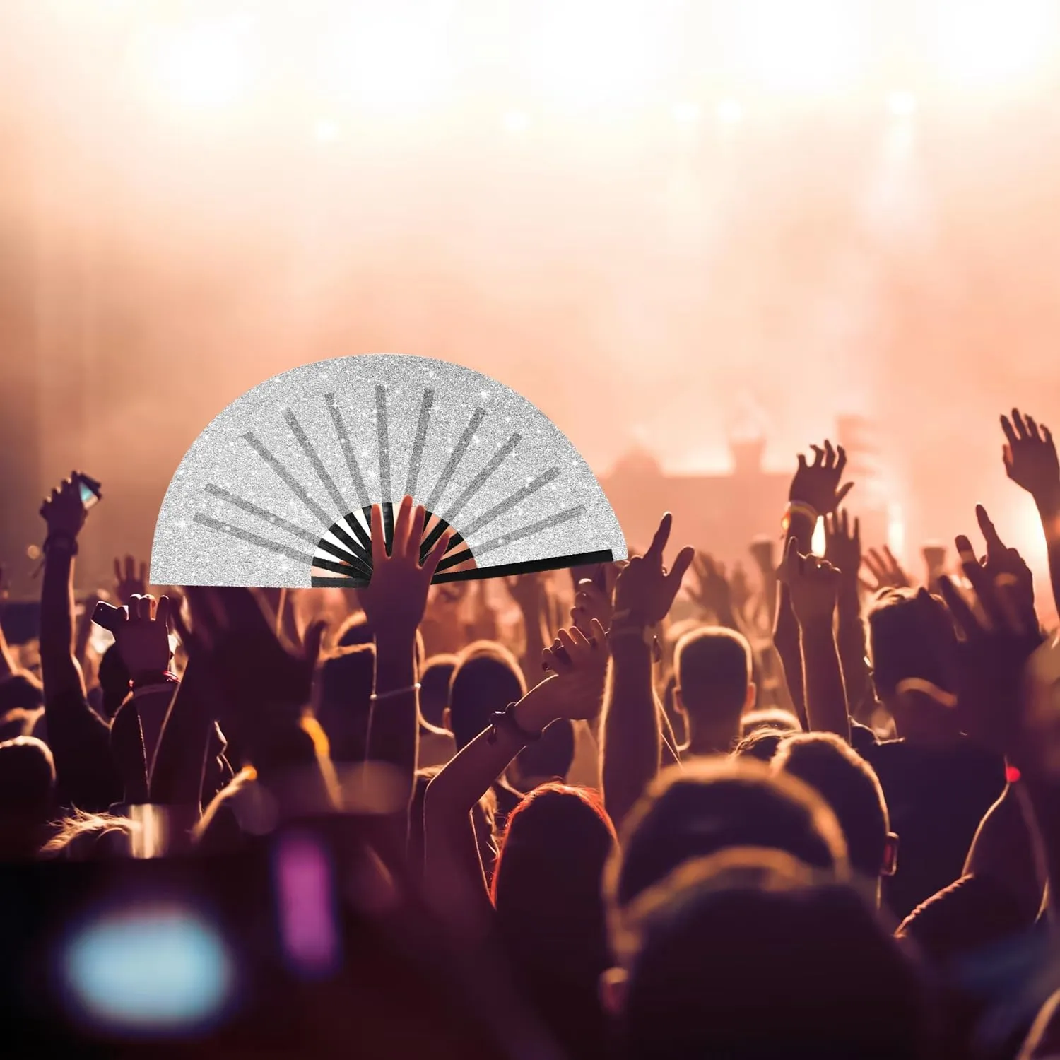 Large Folding Hand Fan Glitter Large Rave Hand Fan, Folding Shiny Hand Fan Clack Handheld Fan Women Handheld Fan with Bag for Festival, Disco Party, Club, Dance, EDM, Home Decoration(Silver)