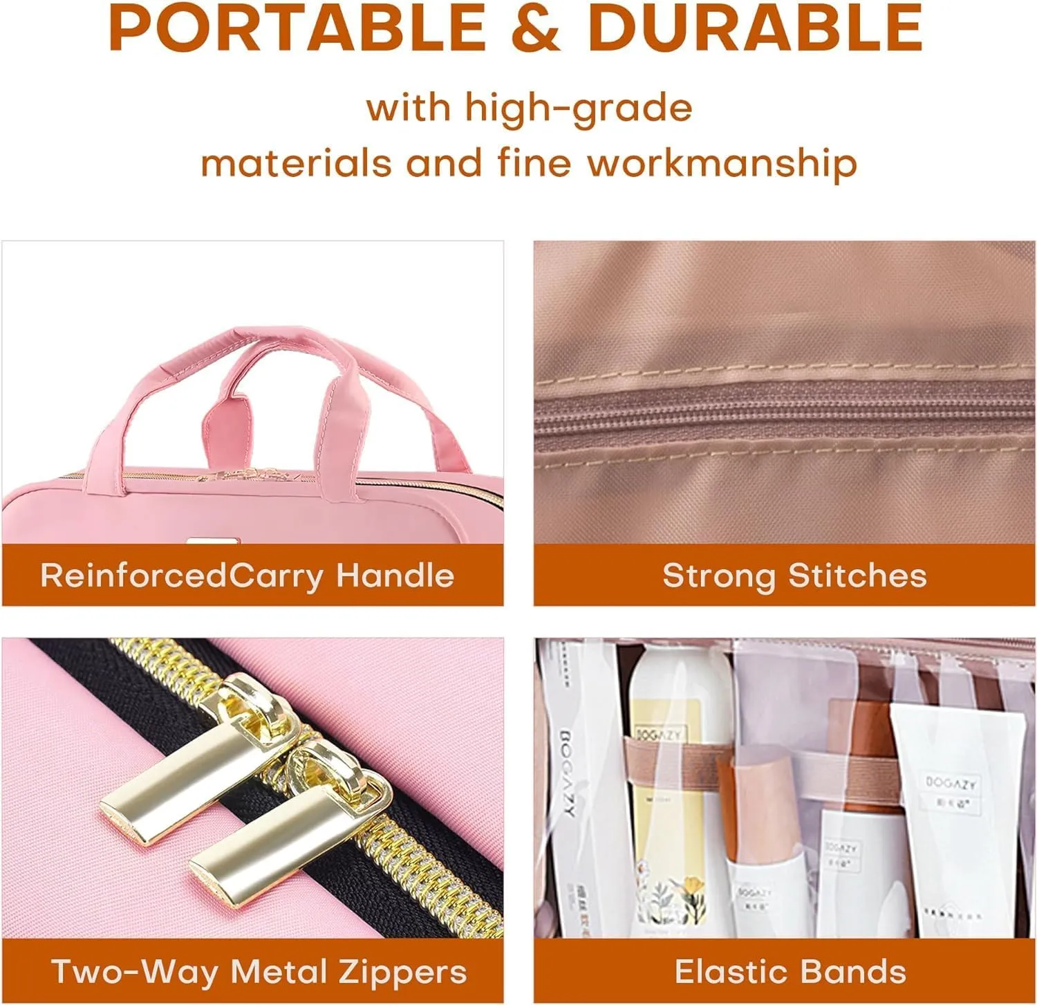 Large Toiletry Bag for Women with Hanging Hook, Portable Travel Makeup Cosmetic Organizer for Accessories, Shampoo, Full Sized Container, Toiletries (Large, Pink)