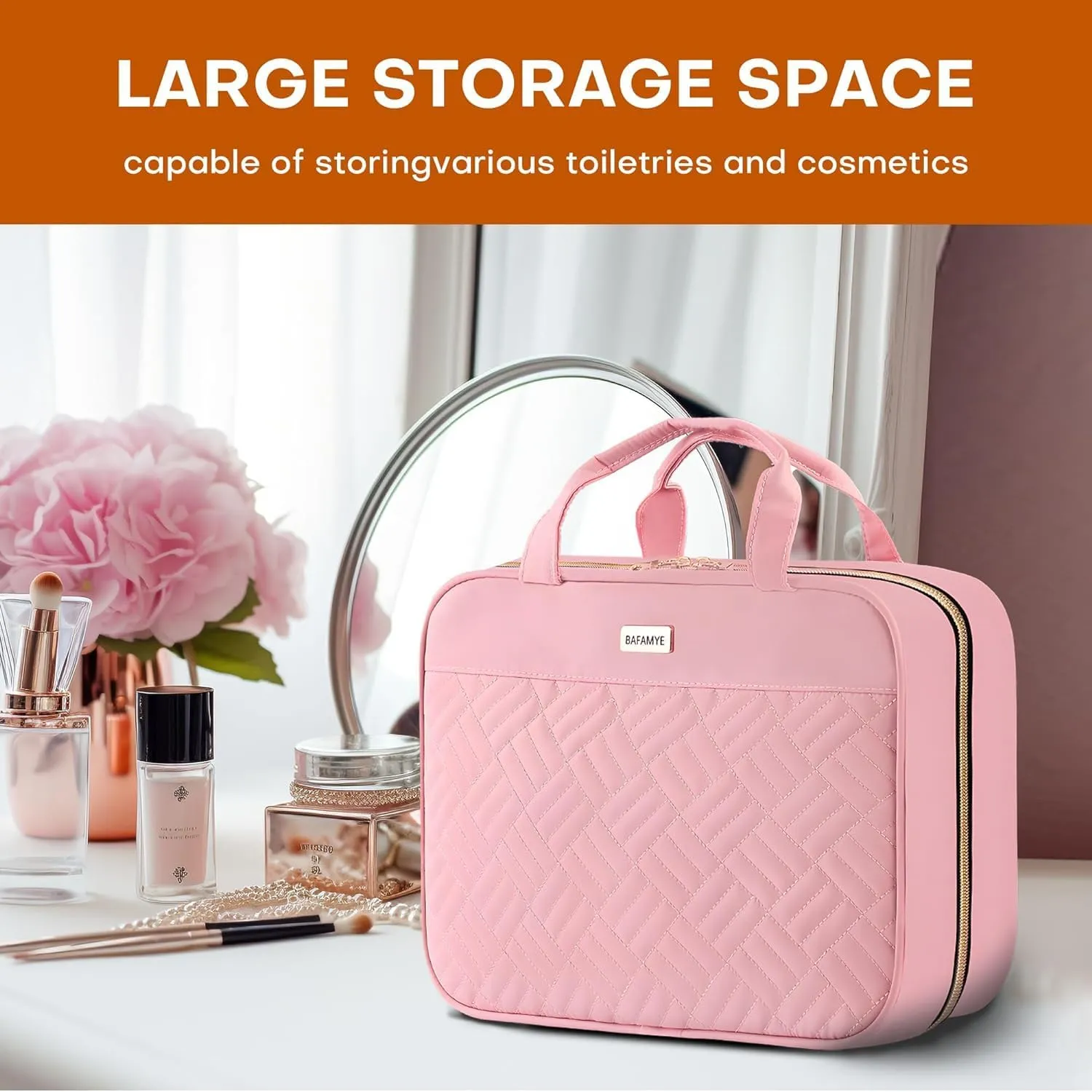 Large Toiletry Bag for Women with Hanging Hook, Portable Travel Makeup Cosmetic Organizer for Accessories, Shampoo, Full Sized Container, Toiletries (Large, Pink)