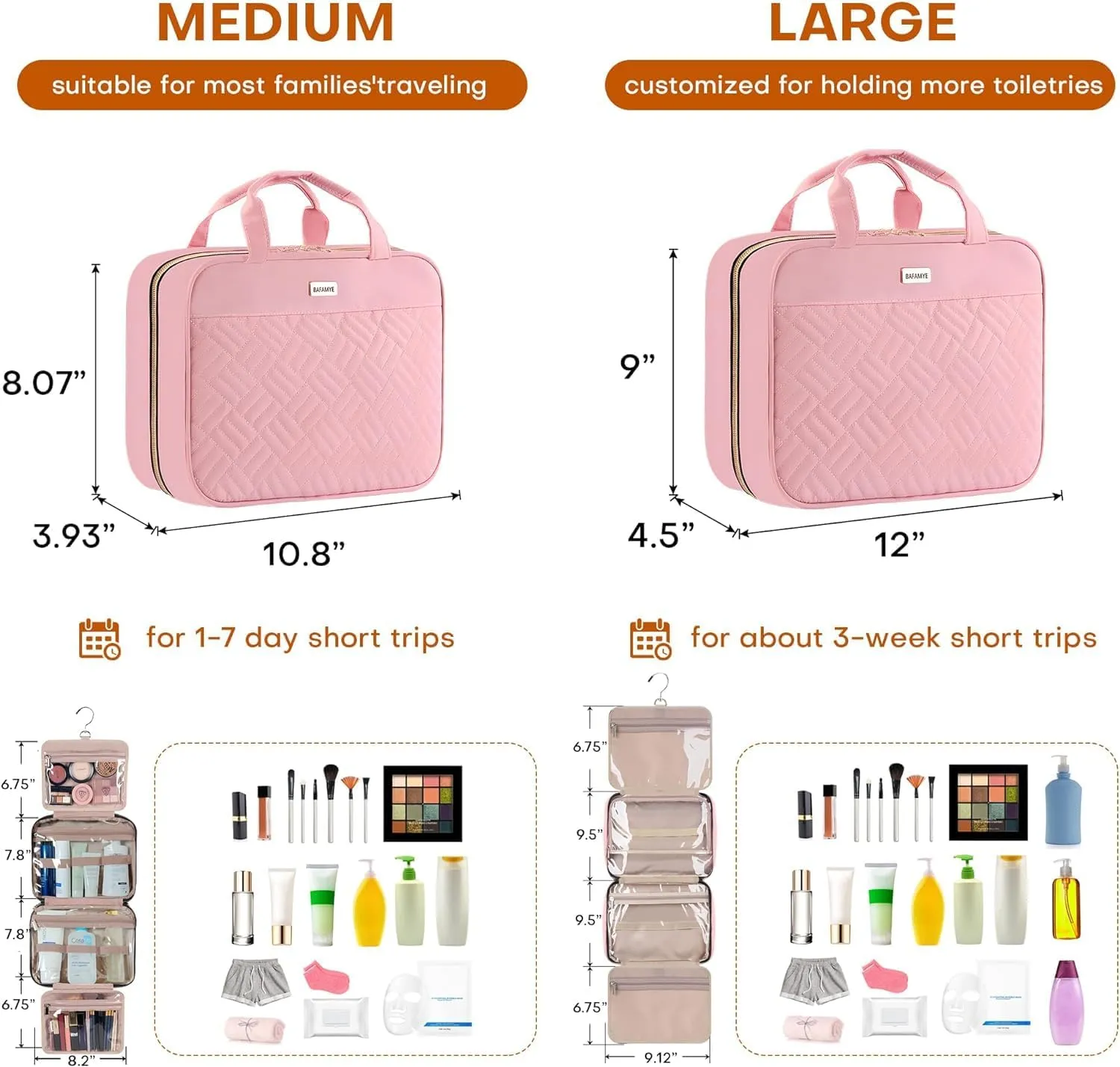 Large Toiletry Bag for Women with Hanging Hook, Portable Travel Makeup Cosmetic Organizer for Accessories, Shampoo, Full Sized Container, Toiletries (Large, Pink)