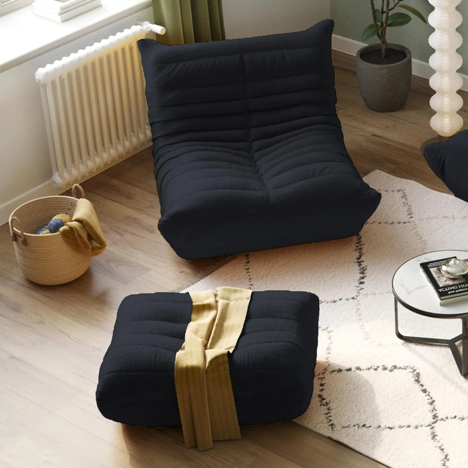 Lazy Floor Sofa, Fireside Chair,Teddy Velvet Sofa Bean Bag Couch, Lounge Accent Chair for Living Room Corner Bedroom Salon Office，Black
