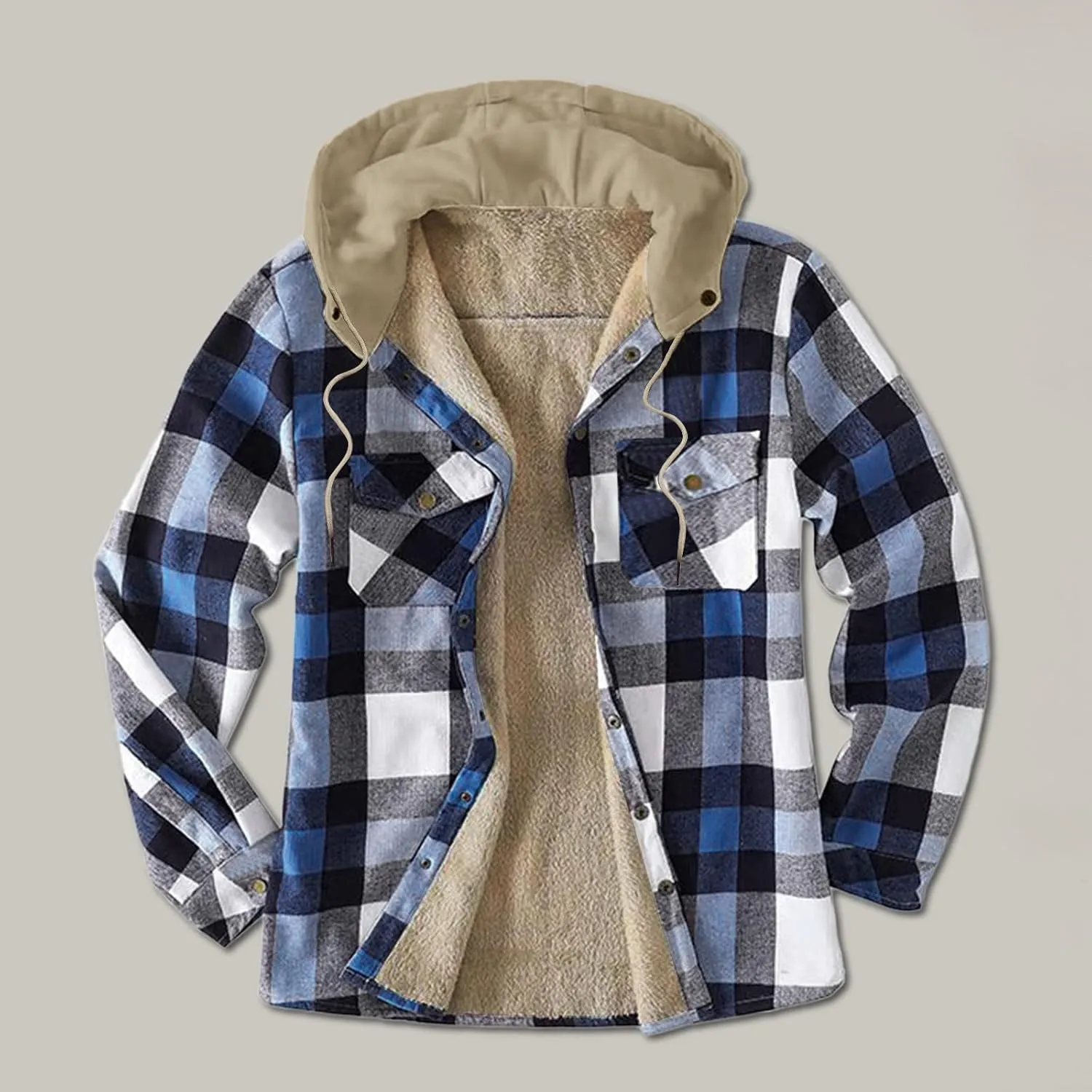 LCMTWX Mens Plaid Jacket Winter Large Plaid Pocket Hooded Loose Coat Plus Velvet Shirt Top Lightweight Shirt Jackets Casual