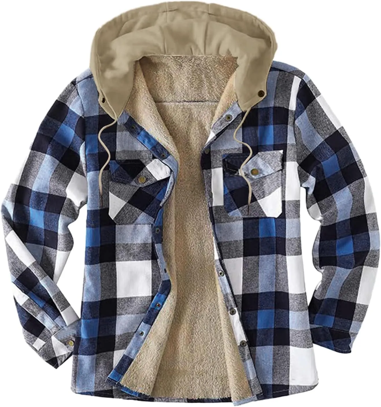 LCMTWX Mens Plaid Jacket Winter Large Plaid Pocket Hooded Loose Coat Plus Velvet Shirt Top Lightweight Shirt Jackets Casual