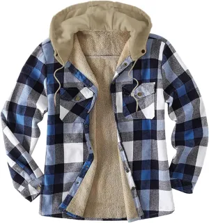LCMTWX Mens Plaid Jacket Winter Large Plaid Pocket Hooded Loose Coat Plus Velvet Shirt Top Lightweight Shirt Jackets Casual