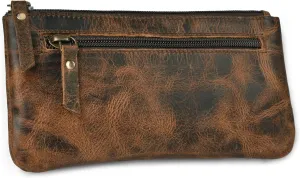 LEATHER VILLAGE Leather Pencil Pouch Pen Case - Rustic/Vintage Brown - 8"X4"- Double Pocket - Elegant and Practical Zipper Pouch Holder for Artists, Men, and Women