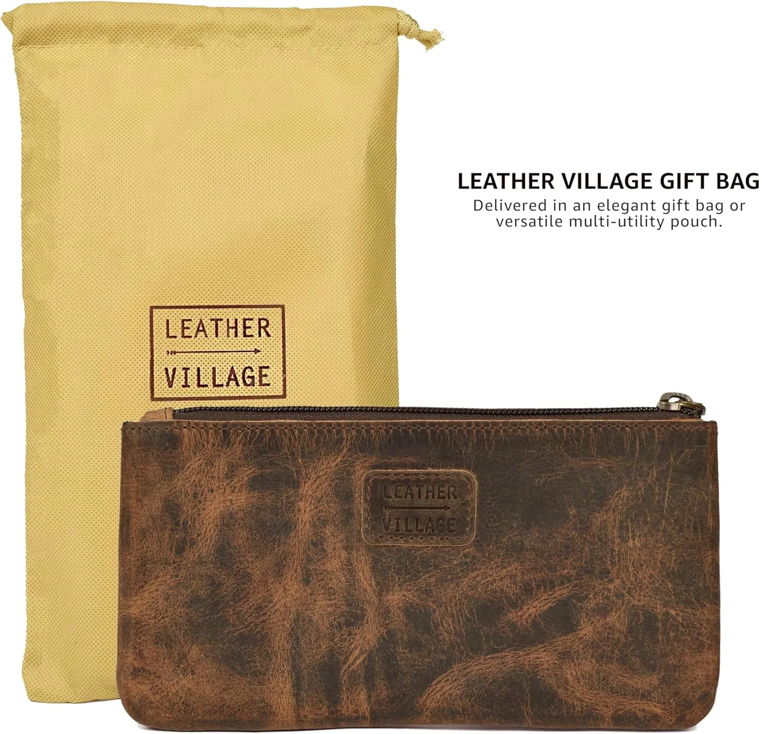 LEATHER VILLAGE Leather Pencil Pouch Pen Case - Rustic/Vintage Brown - 8"X4"- Double Pocket - Elegant and Practical Zipper Pouch Holder for Artists, Men, and Women