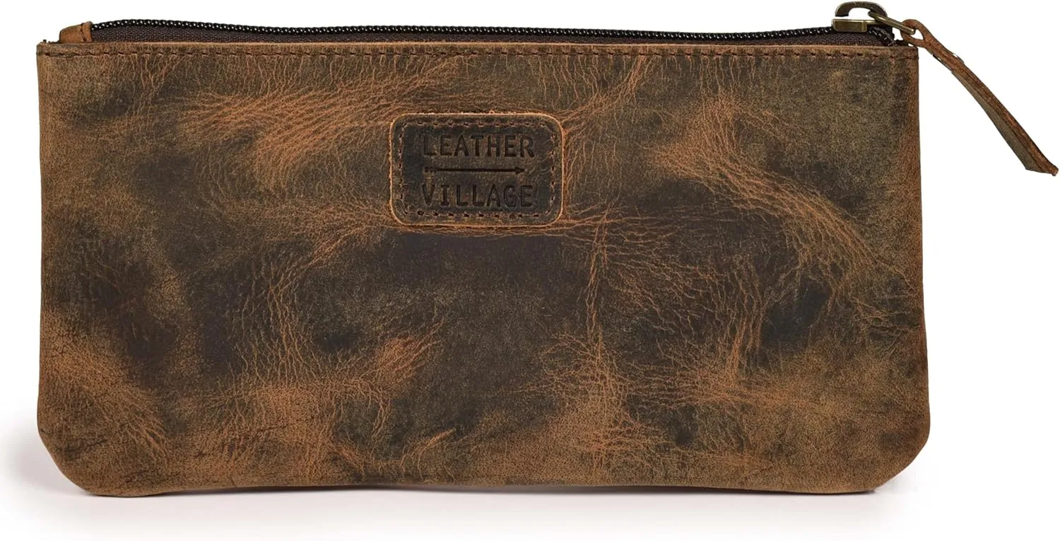 LEATHER VILLAGE Leather Pencil Pouch Pen Case - Rustic/Vintage Brown - 8"X4"- Double Pocket - Elegant and Practical Zipper Pouch Holder for Artists, Men, and Women