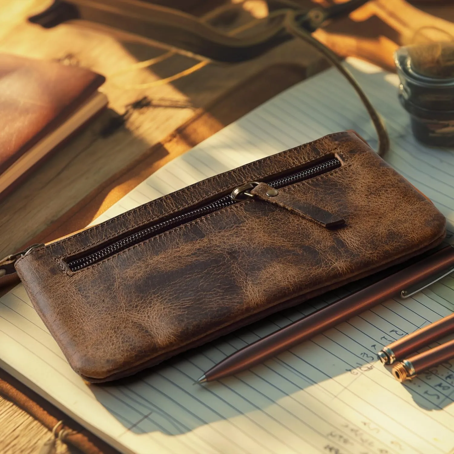 LEATHER VILLAGE Leather Pencil Pouch Pen Case - Rustic/Vintage Brown - 8"X4"- Double Pocket - Elegant and Practical Zipper Pouch Holder for Artists, Men, and Women