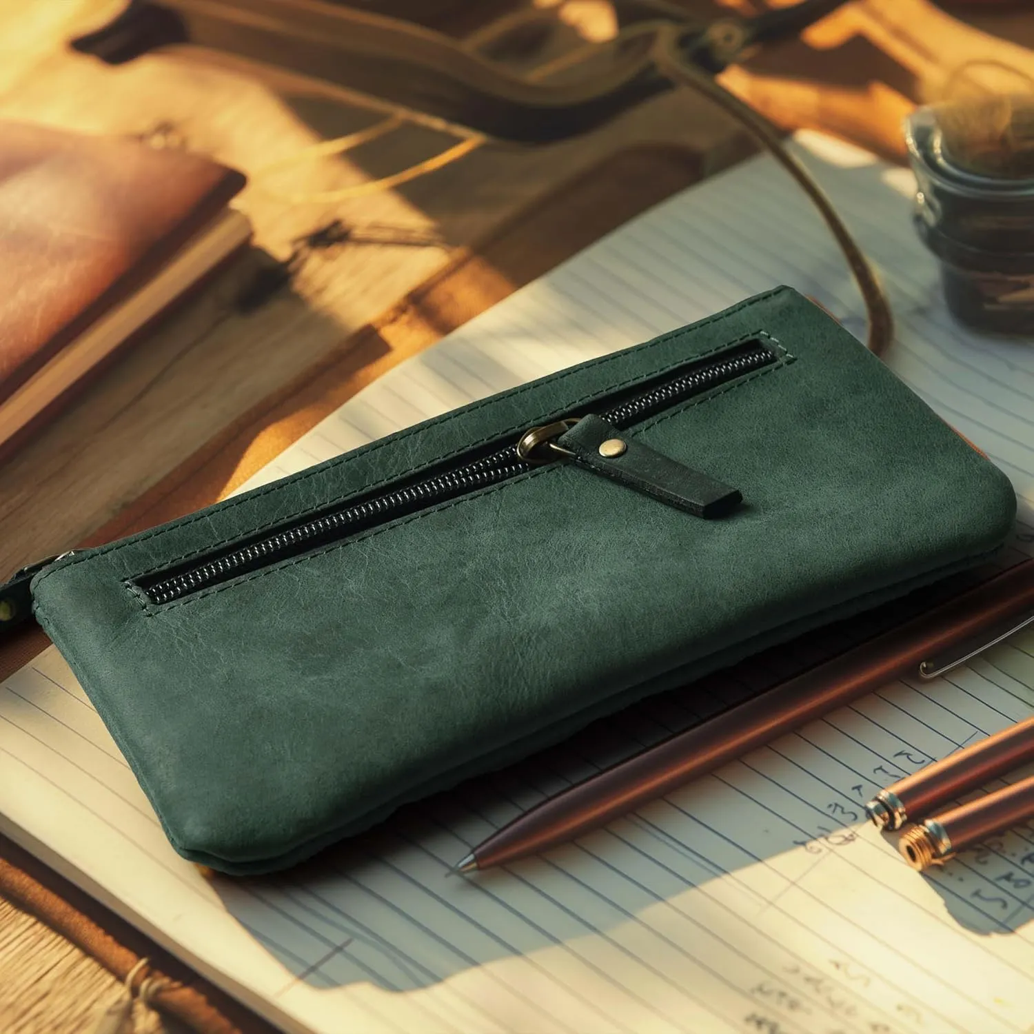 LEATHER VILLAGE Leather Pencil Pouch Pen Case - Turquiose - 8"X4"- Double Pocket - Elegant and Practical Zipper Pouch Holder for Artists, Men, and Women