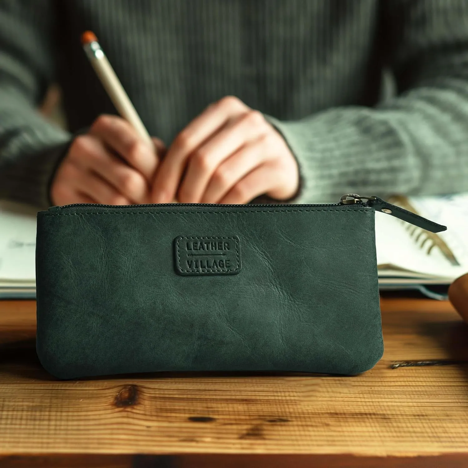 LEATHER VILLAGE Leather Pencil Pouch Pen Case - Turquiose - 8"X4"- Double Pocket - Elegant and Practical Zipper Pouch Holder for Artists, Men, and Women