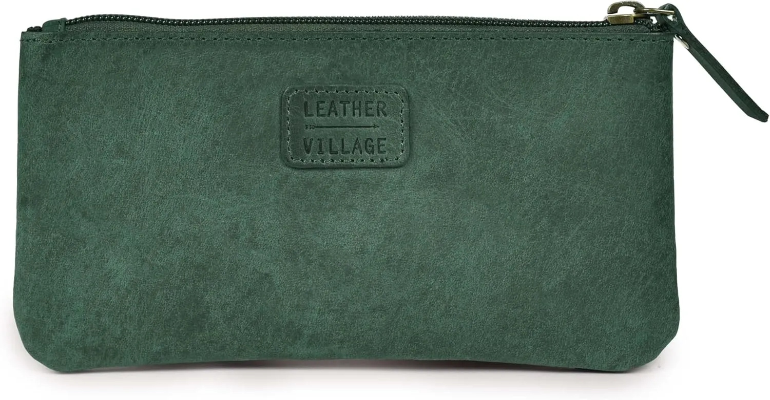 LEATHER VILLAGE Leather Pencil Pouch Pen Case - Turquiose - 8"X4"- Double Pocket - Elegant and Practical Zipper Pouch Holder for Artists, Men, and Women