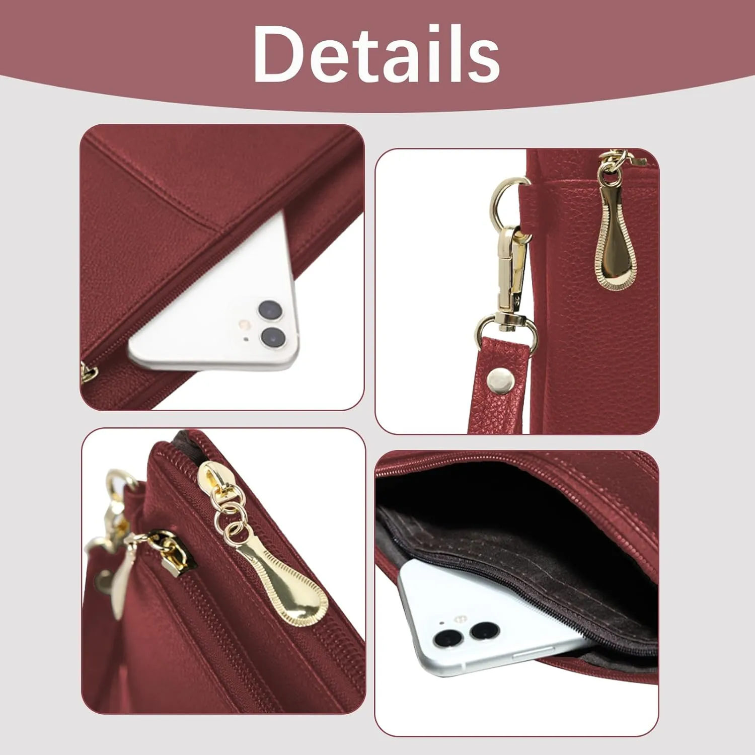 Leather Wristlet Clutch Wallet Purses For Women,Women's Triple Zip Cell Phone Bags Small Crossbody Bag