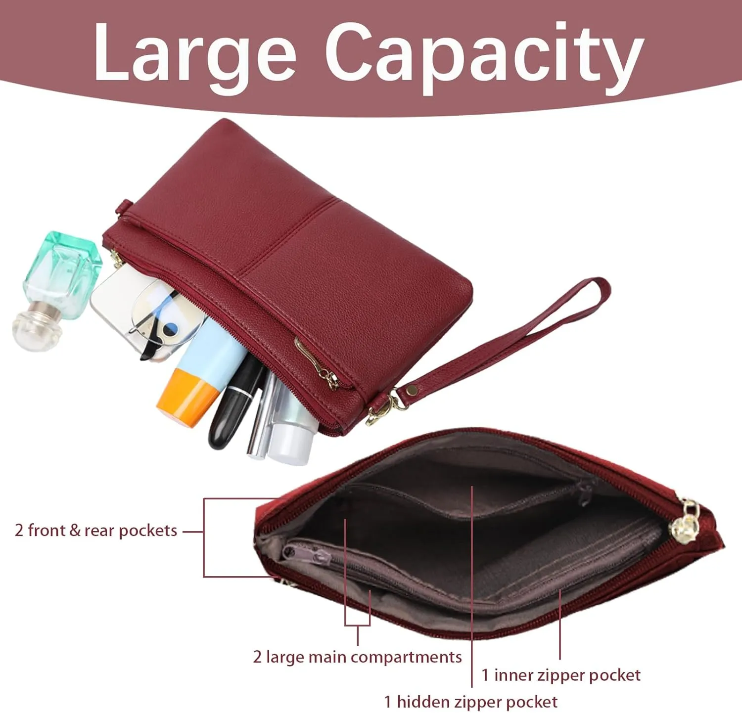 Leather Wristlet Clutch Wallet Purses For Women,Women's Triple Zip Cell Phone Bags Small Crossbody Bag
