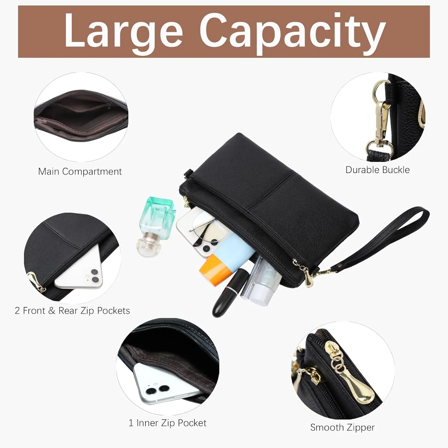 Leather Wristlet Clutch Wallet Purses For Women,Women's Triple Zip Cell Phone Bags Small Crossbody Bag