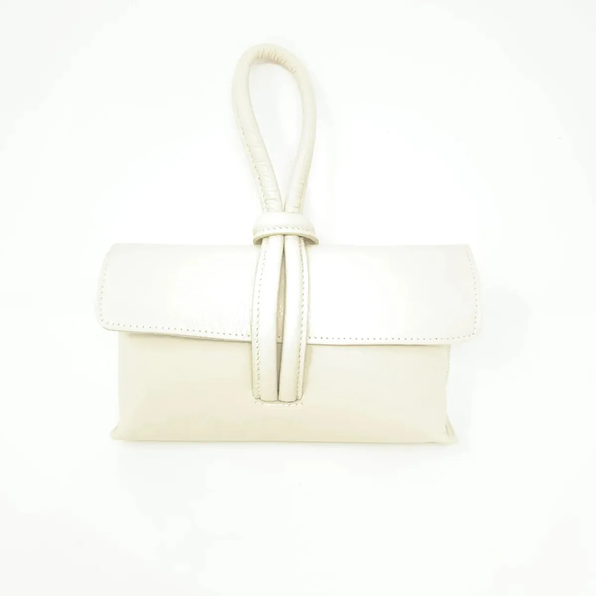 Leather Wristlet Handbag- Beige
