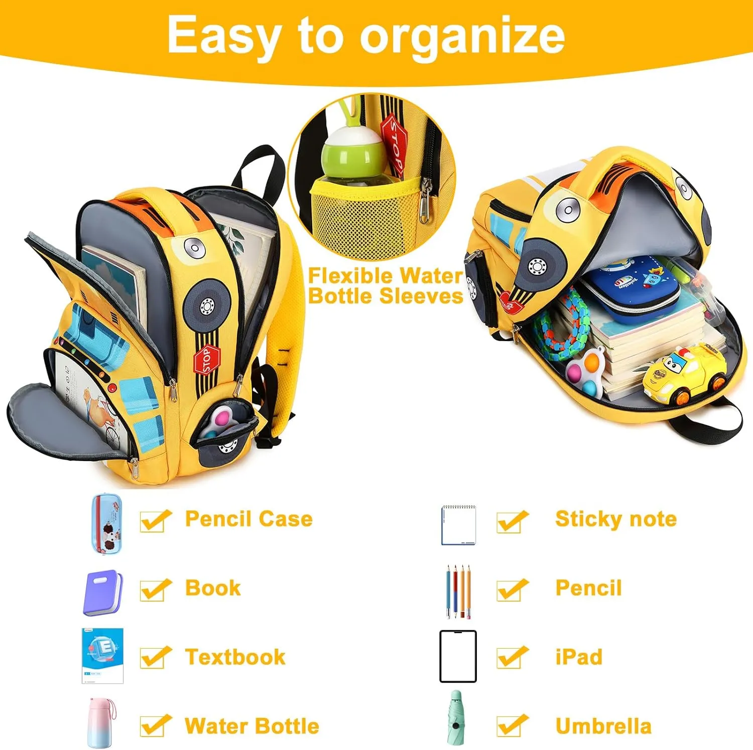 LEDAOU Toddler Kids Backpack for Boys Girls Preschool Kindergarten School Backpack Bookbag School Bag with Chest Strap (Bus Yellow)