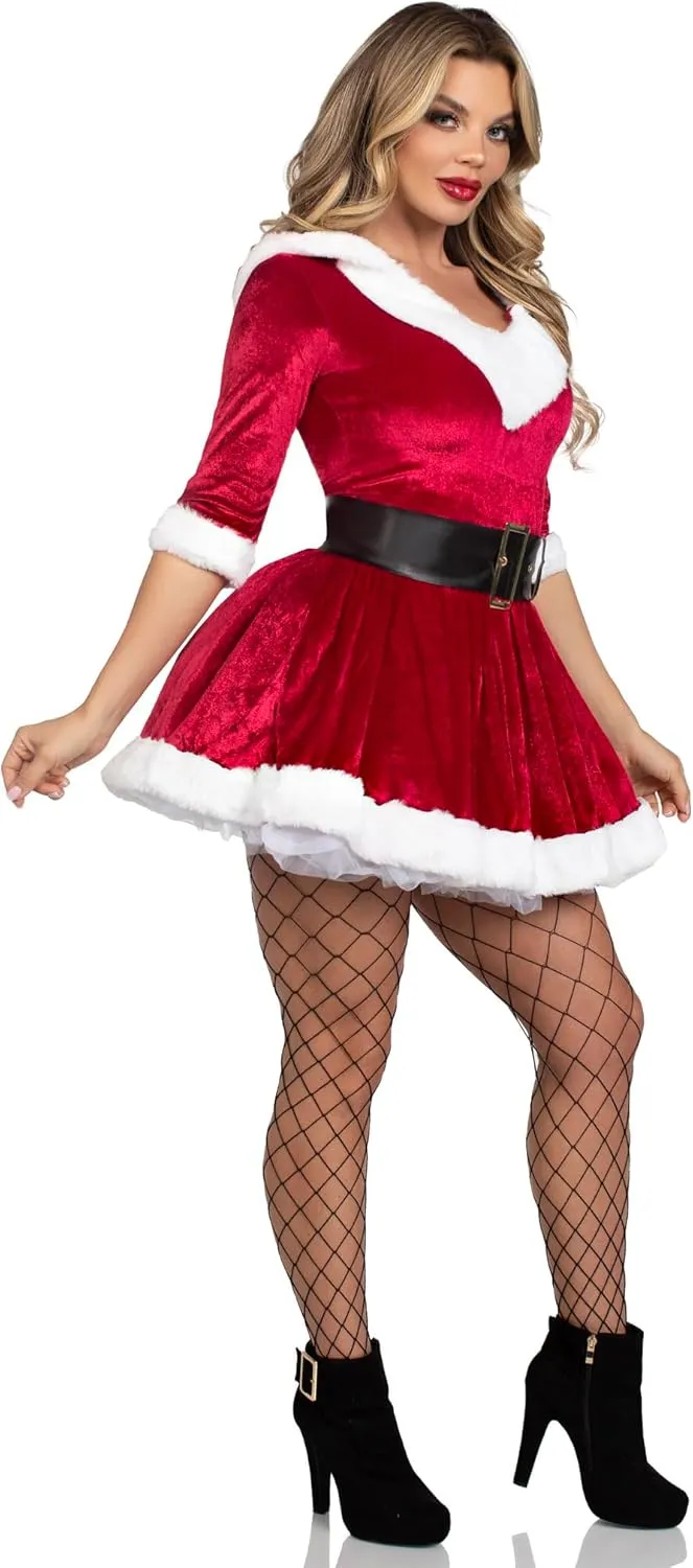 Leg Avenue Women's 2 Pc Mrs Claus Santa Christmas Costume with Hooded Dress, Belt