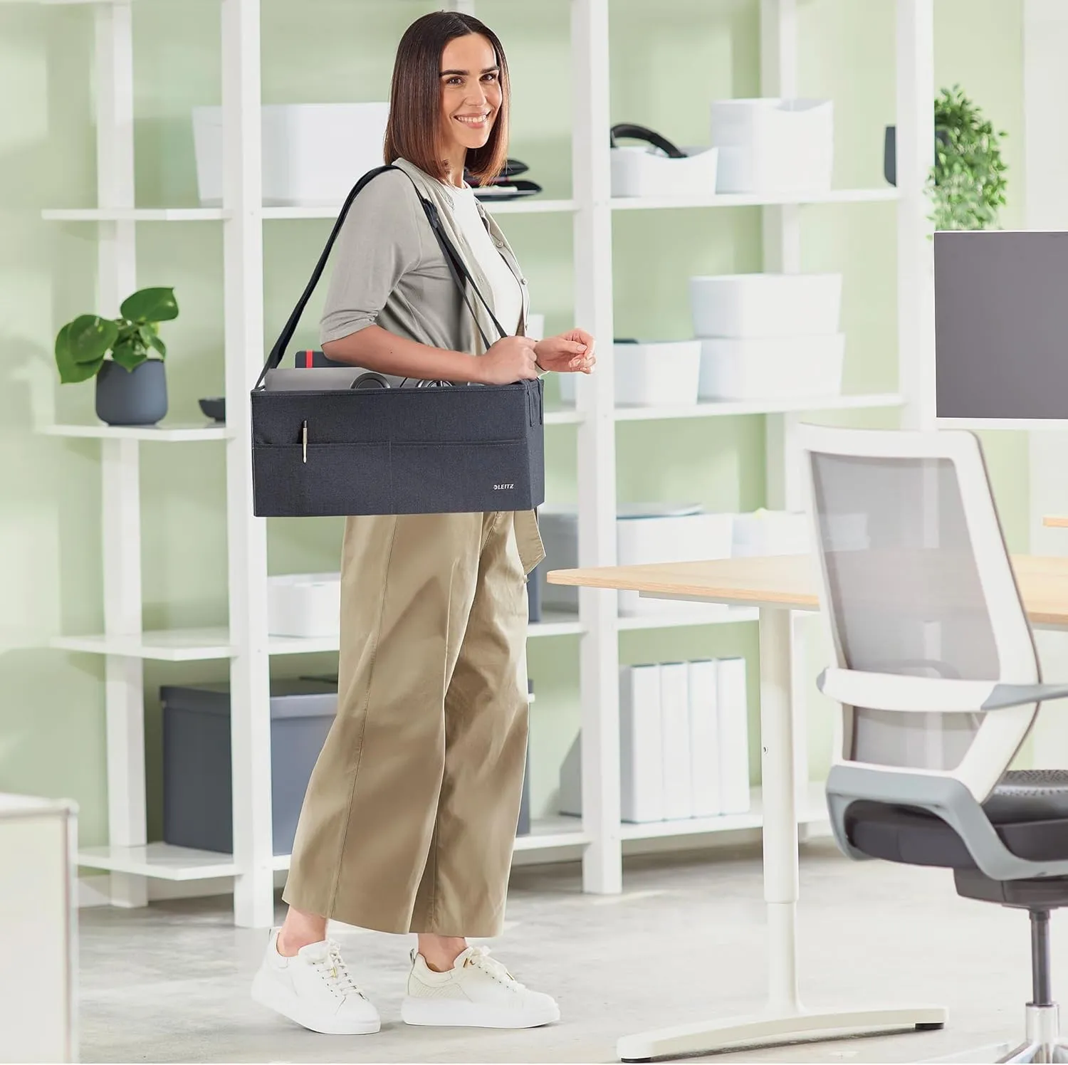 Leitz Fabric Hot Desking Work Bag & Storage Bag, Laptop Bag & Desk Tidy Organiser for Stationery & Laptop Accessories, w. Carry Handles, Foldable & Eco Conscious, Recycle Range, Velvet Grey, 64440089