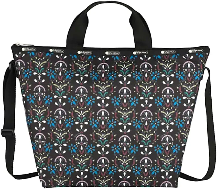 LeSportsac Cloistered Jewels Deluxe Easy Carry Tote Crossbody   Top Handle Handbag, Style 4360/Color E469, Mosaic Art Tiles Designs in Colorful Crest & Flower Motifs, Jewel Tones:Ruby, Azure, Emerald