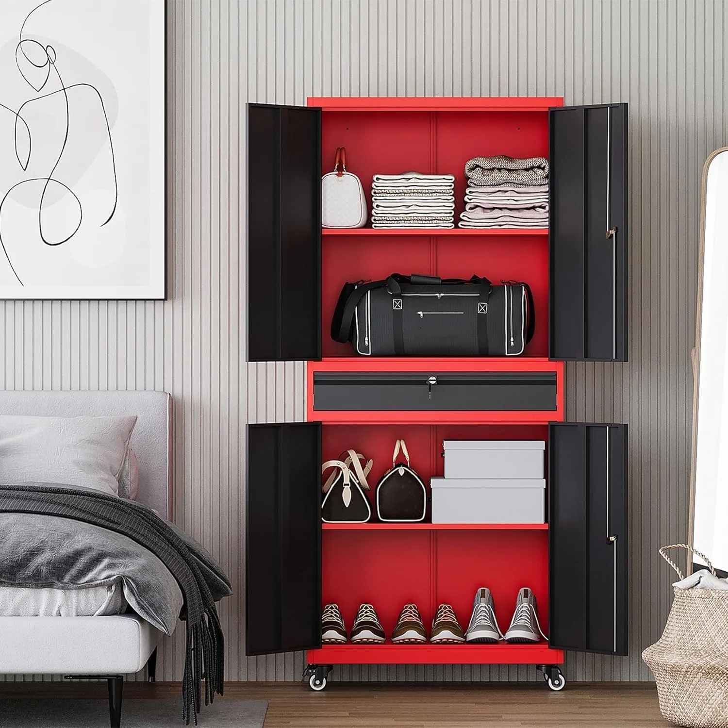Letaya Metal Garage Storage Cabinet with Wheels,Rolling Tool Cabinet with Adjustable Shelves and Drawer for Garage Home Utility Room (Red)