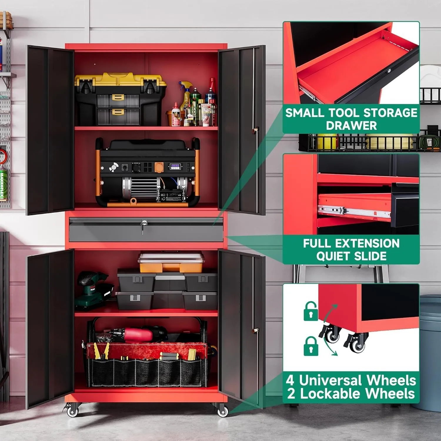 Letaya Metal Garage Storage Cabinet with Wheels,Rolling Tool Cabinet with Adjustable Shelves and Drawer for Garage Home Utility Room (Red)
