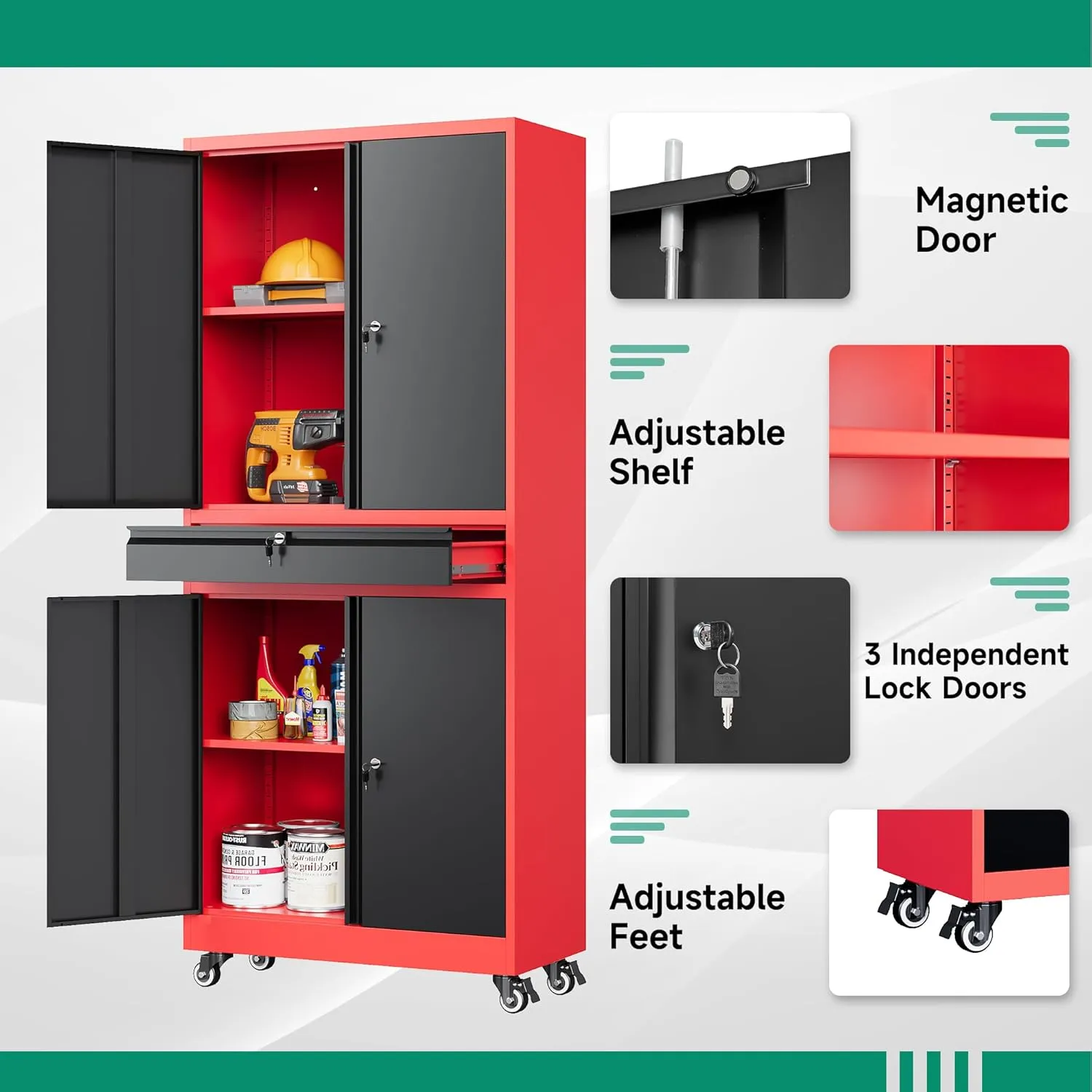 Letaya Metal Garage Storage Cabinet with Wheels,Rolling Tool Cabinet with Adjustable Shelves and Drawer for Garage Home Utility Room (Red)