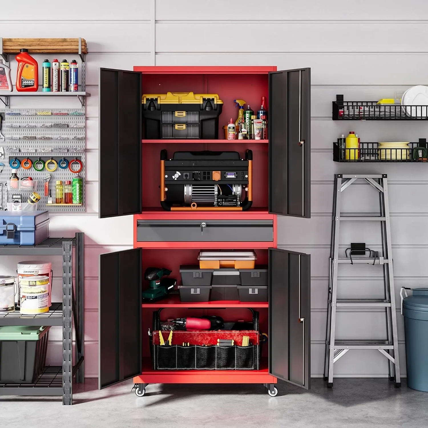 Letaya Metal Garage Storage Cabinet with Wheels,Rolling Tool Cabinet with Adjustable Shelves and Drawer for Garage Home Utility Room (Red)