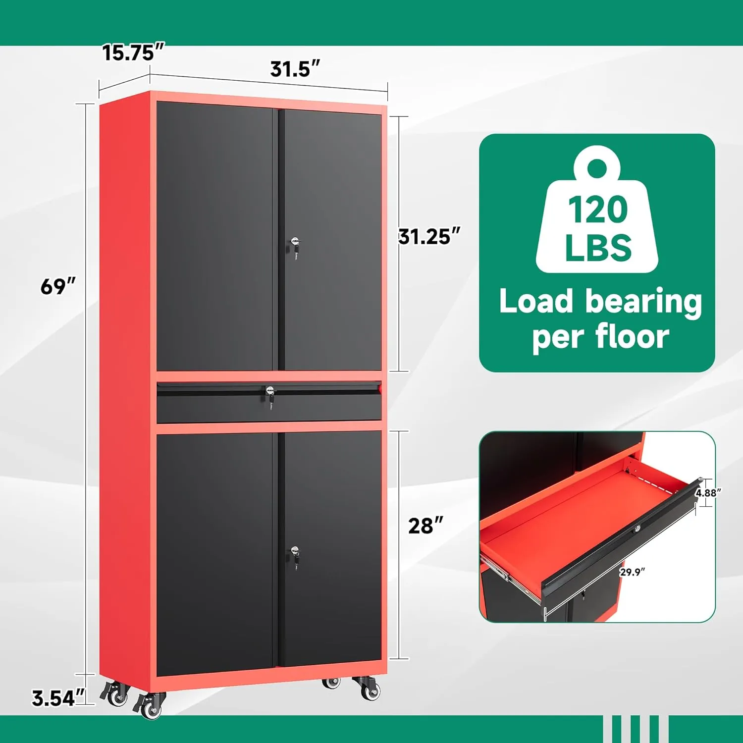 Letaya Metal Garage Storage Cabinet with Wheels,Rolling Tool Cabinet with Adjustable Shelves and Drawer for Garage Home Utility Room (Red)