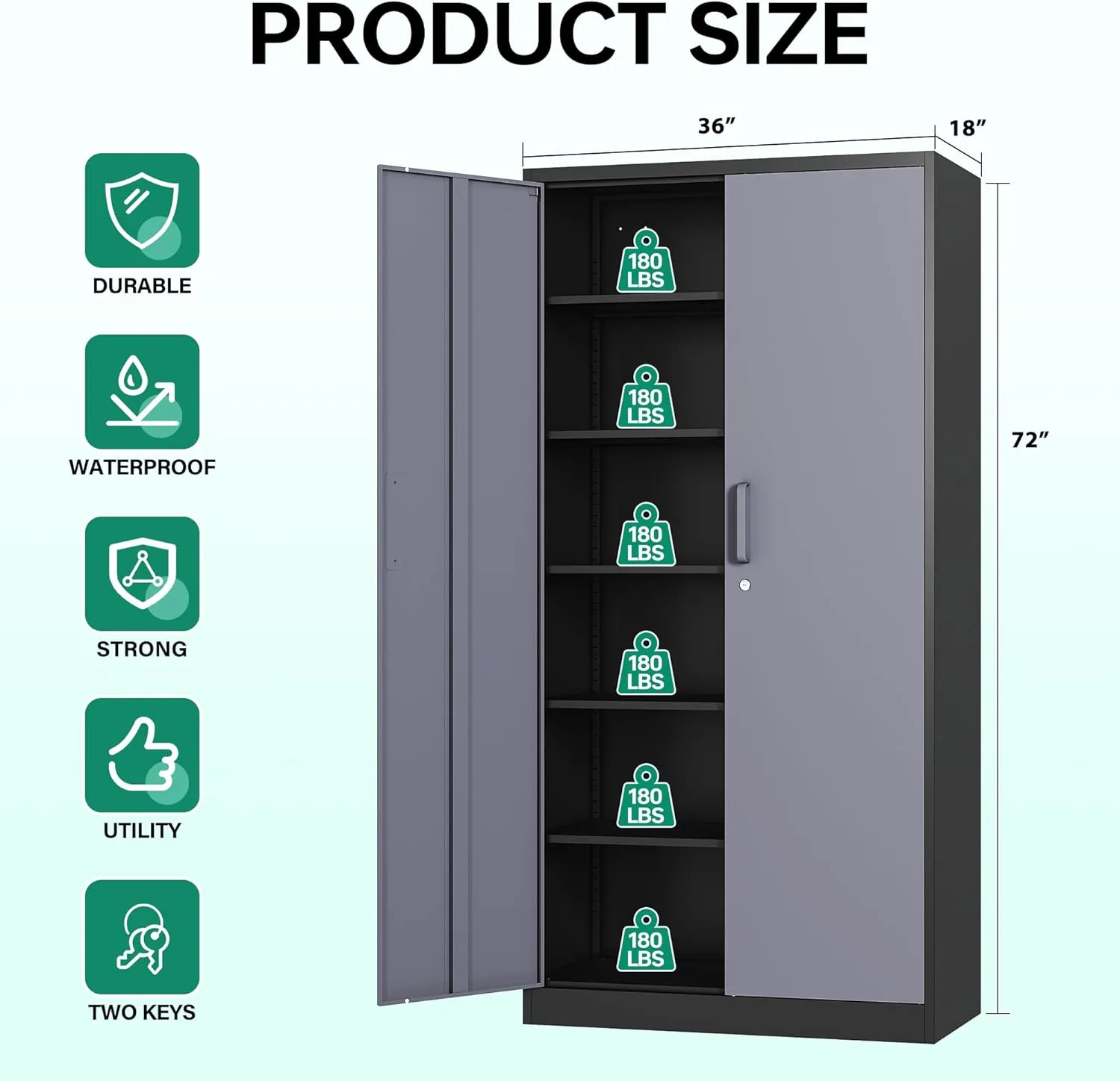 Letaya Metal Storage Cabinet with Lock Door and 5 Shelves,6 Tier Steel Garage Tool Cabinet for Home Office Utility Room 72" H X 36" W X18 D (Black Gray)