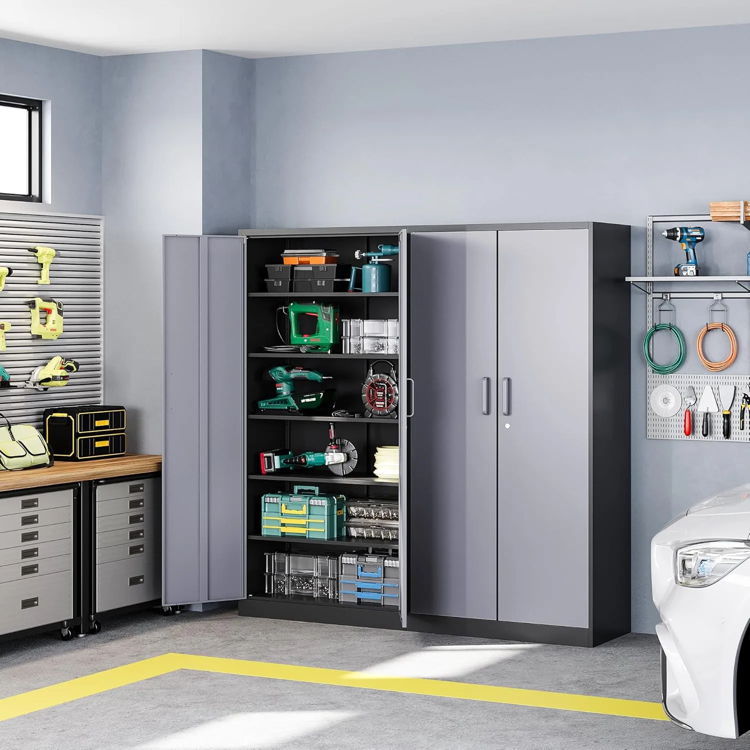 Letaya Metal Storage Cabinet with Lock Door and 5 Shelves,6 Tier Steel Garage Tool Cabinet for Home Office Utility Room 72" H X 36" W X18 D (Black Gray)