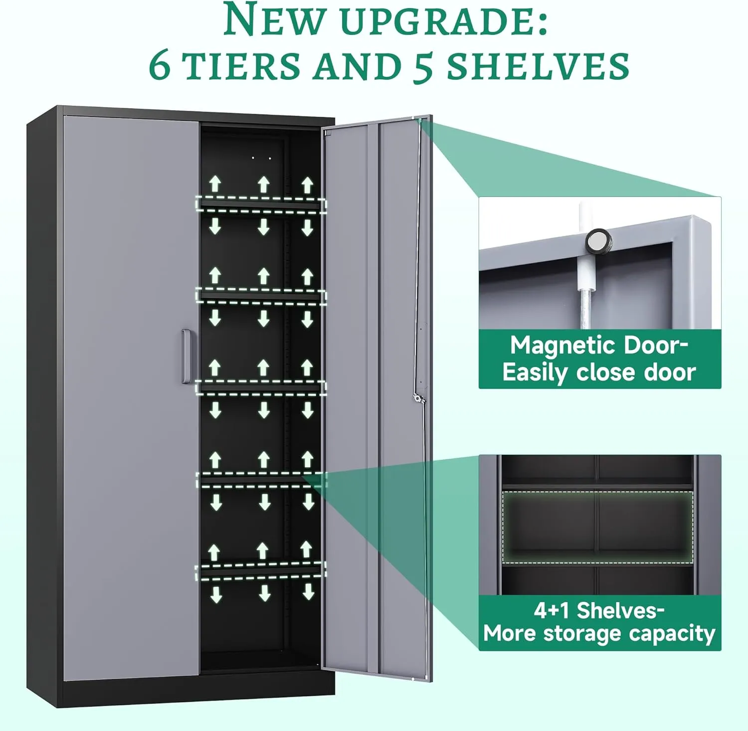 Letaya Metal Storage Cabinet with Lock Door and 5 Shelves,6 Tier Steel Garage Tool Cabinet for Home Office Utility Room 72" H X 36" W X18 D (Black Gray)