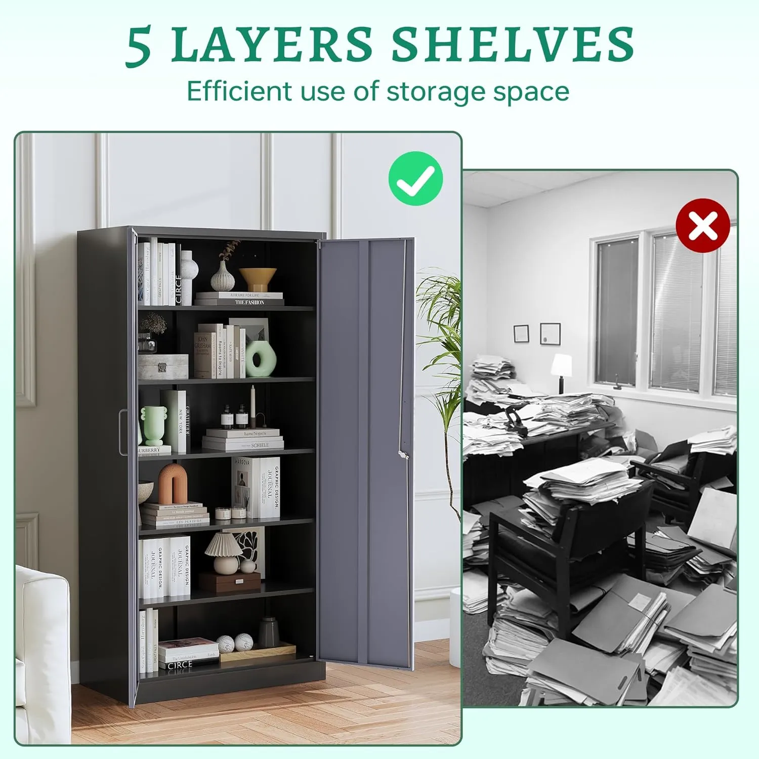 Letaya Metal Storage Cabinet with Lock Door and 5 Shelves,6 Tier Steel Garage Tool Cabinet for Home Office Utility Room 72" H X 36" W X18 D (Black Gray)