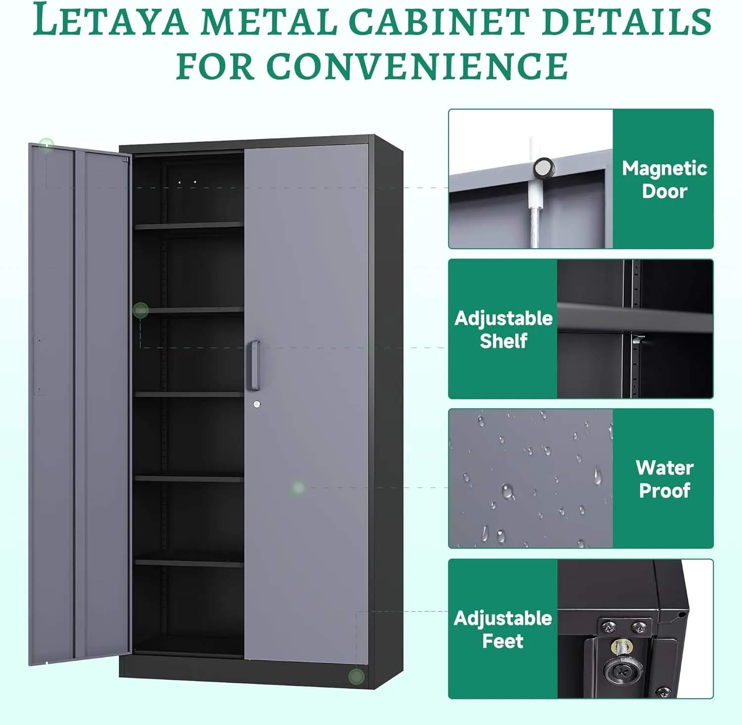 Letaya Metal Storage Cabinet with Lock Door and 5 Shelves,6 Tier Steel Garage Tool Cabinet for Home Office Utility Room 72" H X 36" W X18 D (Black Gray)