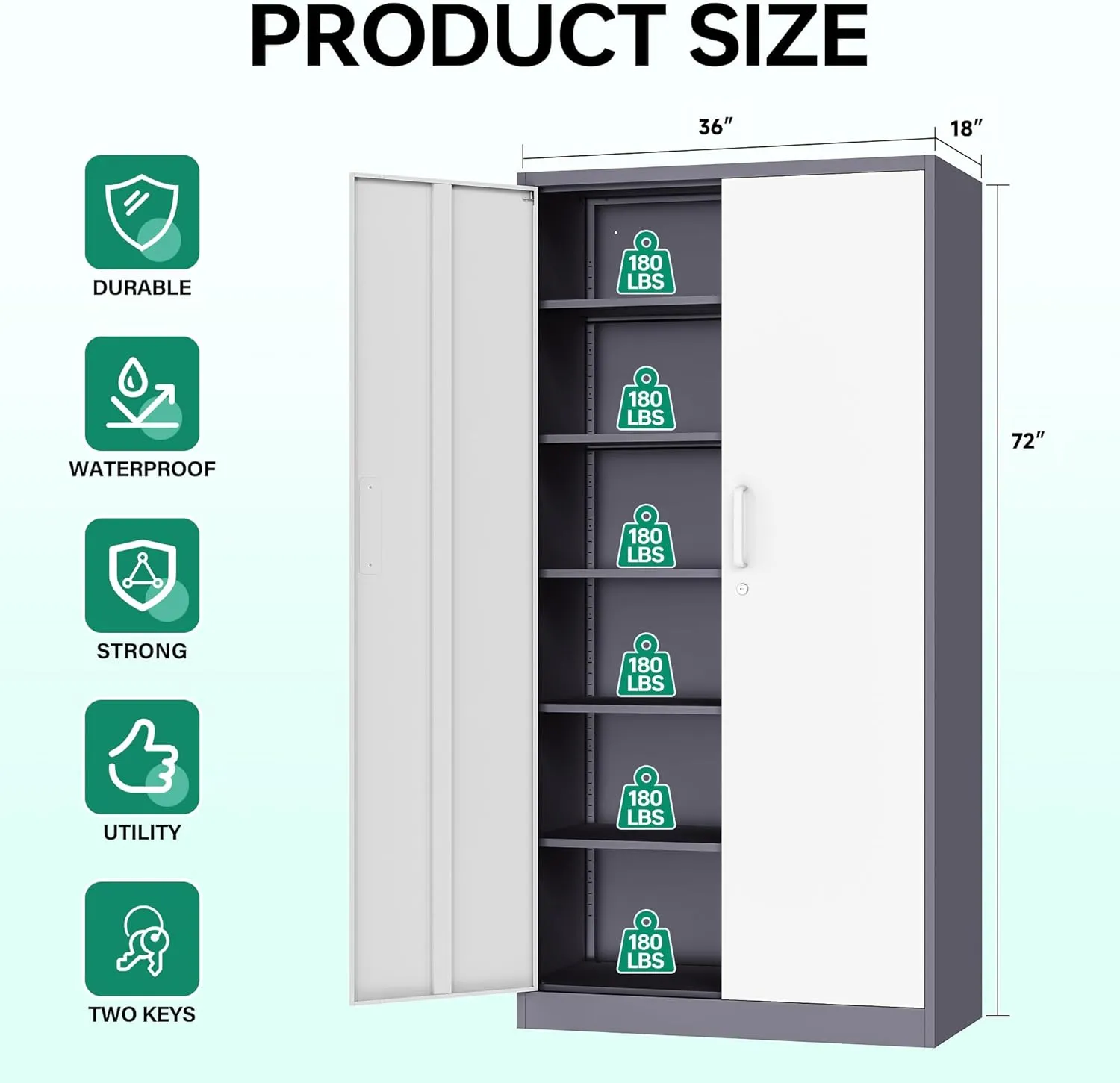 Letaya Metal Storage Cabinet with Lock Door and 5 Shelves,6 Tier Steel Garage Tool Cabinet for Home Office Utility Room 72" H X 36" W X18 D (White Gray)