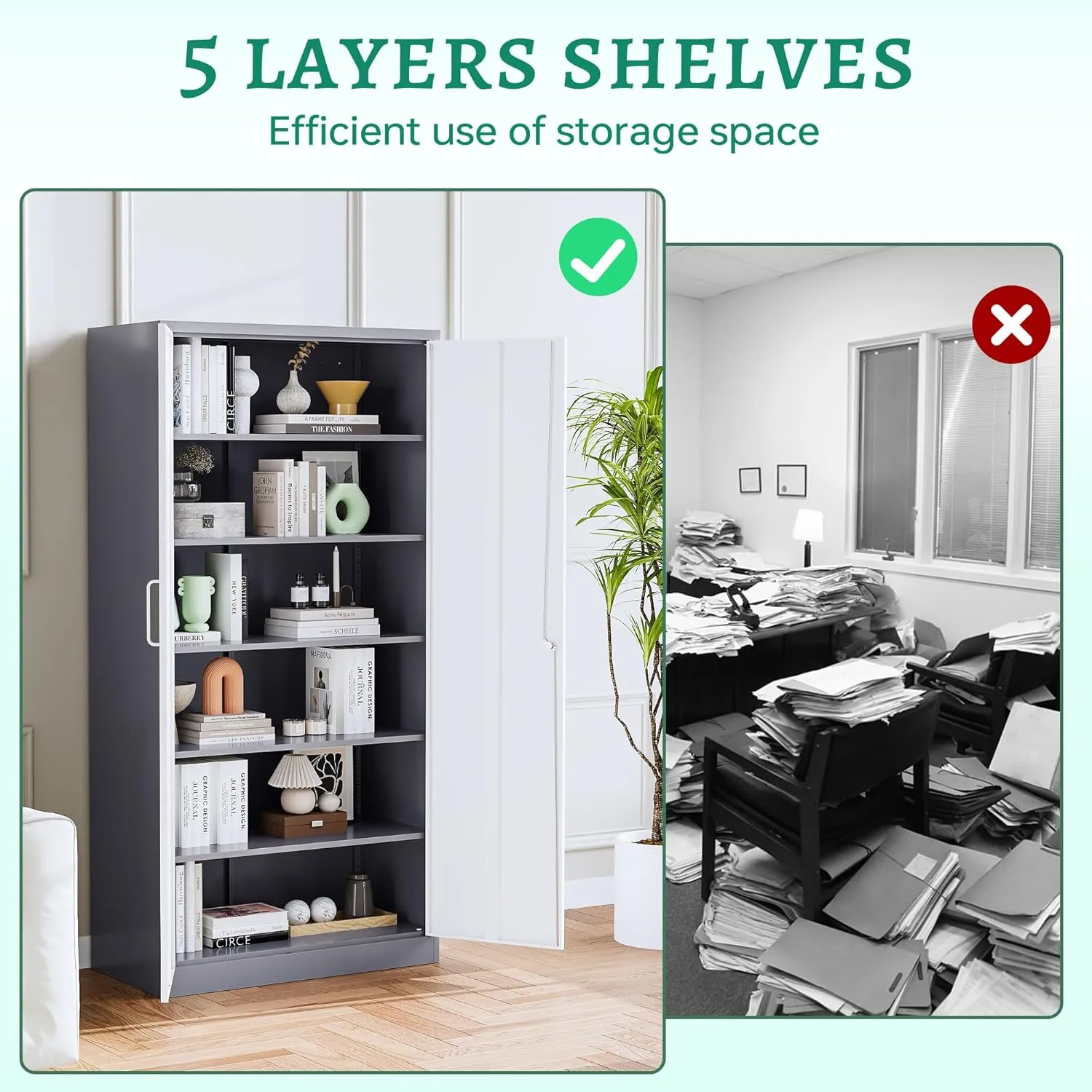 Letaya Metal Storage Cabinet with Lock Door and 5 Shelves,6 Tier Steel Garage Tool Cabinet for Home Office Utility Room 72" H X 36" W X18 D (White Gray)