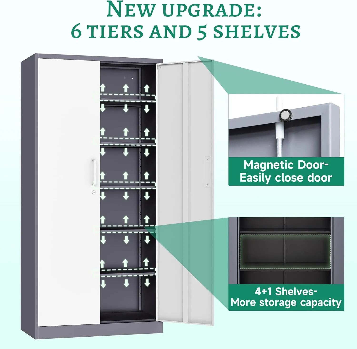 Letaya Metal Storage Cabinet with Lock Door and 5 Shelves,6 Tier Steel Garage Tool Cabinet for Home Office Utility Room 72" H X 36" W X18 D (White Gray)