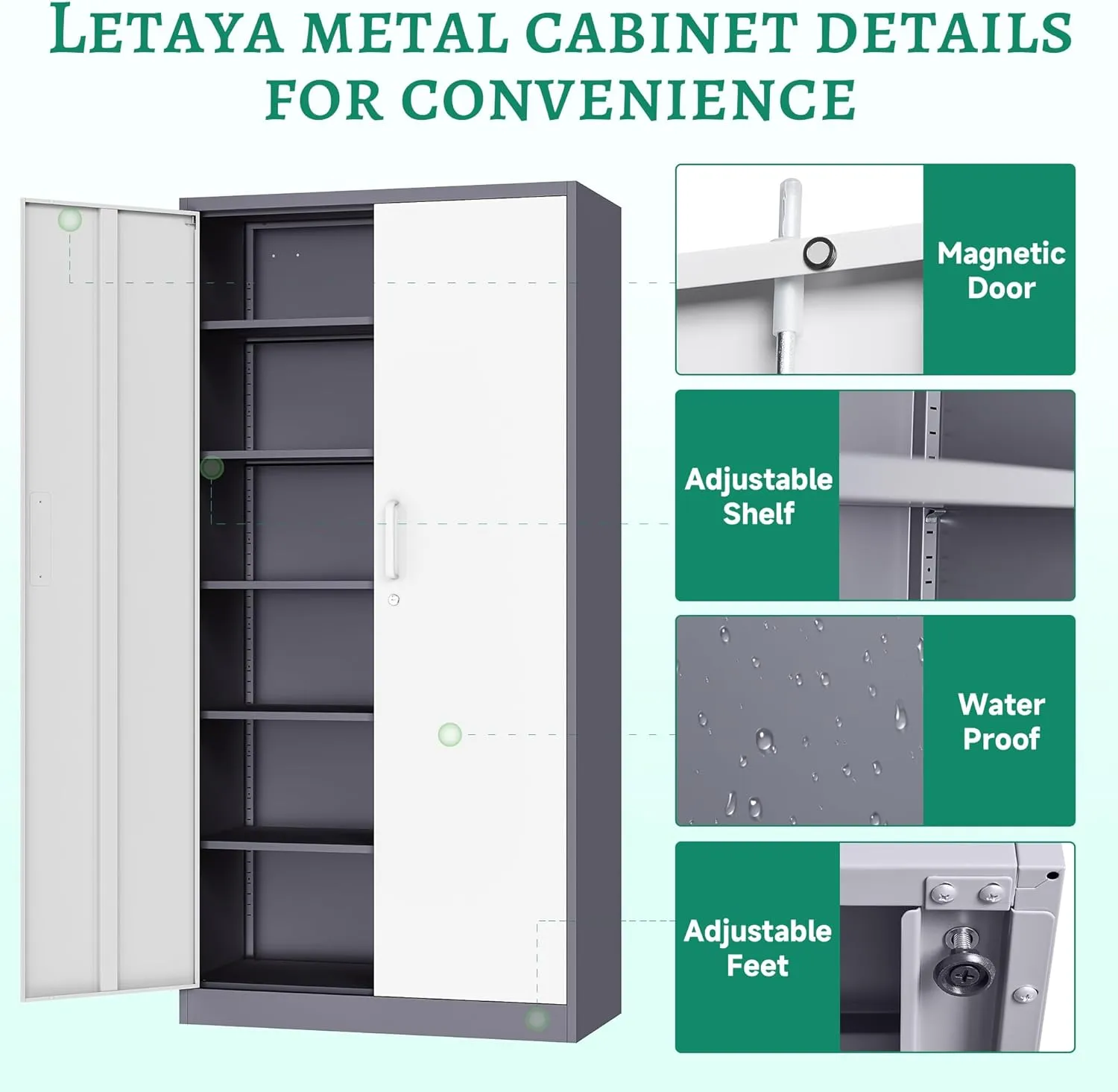 Letaya Metal Storage Cabinet with Lock Door and 5 Shelves,6 Tier Steel Garage Tool Cabinet for Home Office Utility Room 72" H X 36" W X18 D (White Gray)